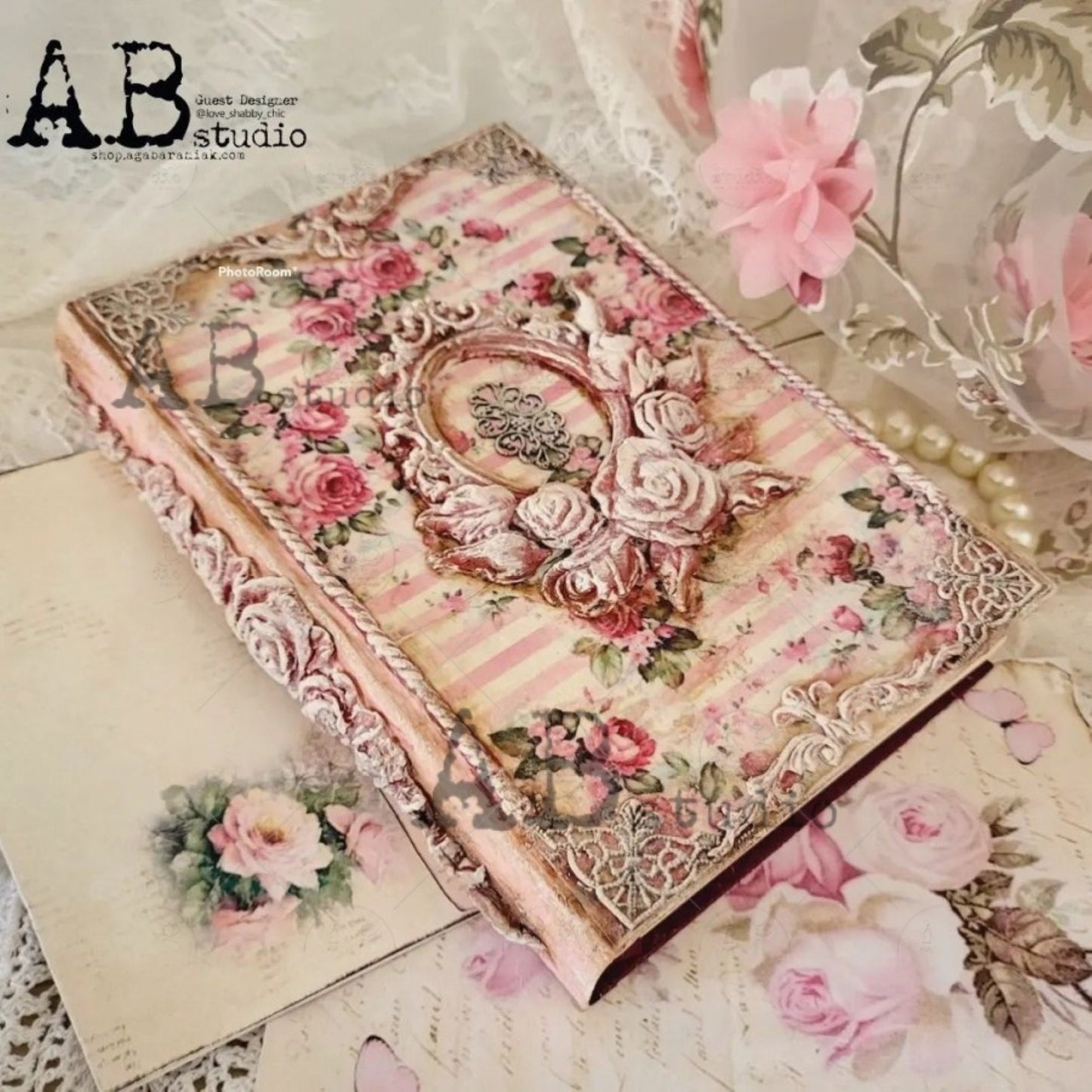 AB Studio Shabby Chic Vintage Rose Bouquets, Pink Stripes, 0342 Size: A4 - 8.27 X 11.69 inches Rice Paper for Decoupage Imported from Poland