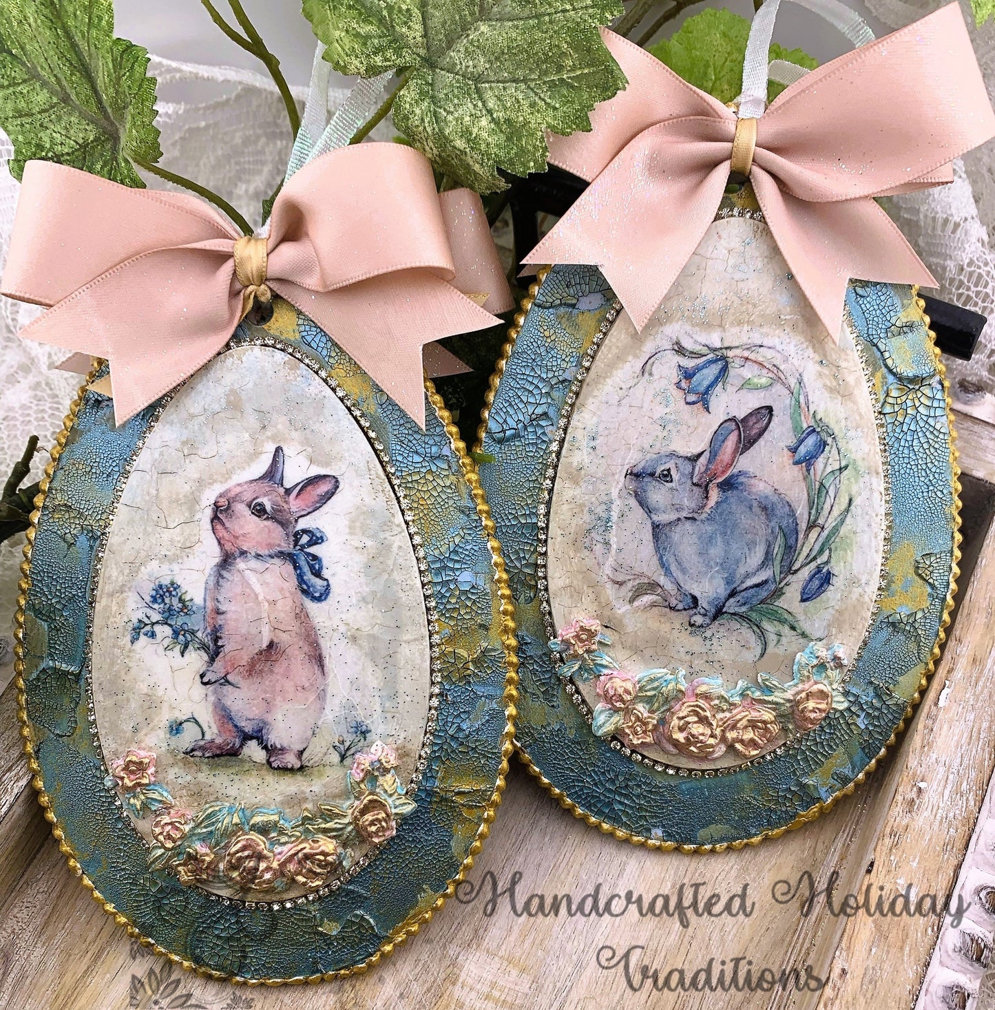 Handcrafted Shabby Chic Mixed Media Easter Bunny MDF Ornament Set 2, Vintage Style Easter Rabbits, Ornament Set, Easter Rabbit Ornament set