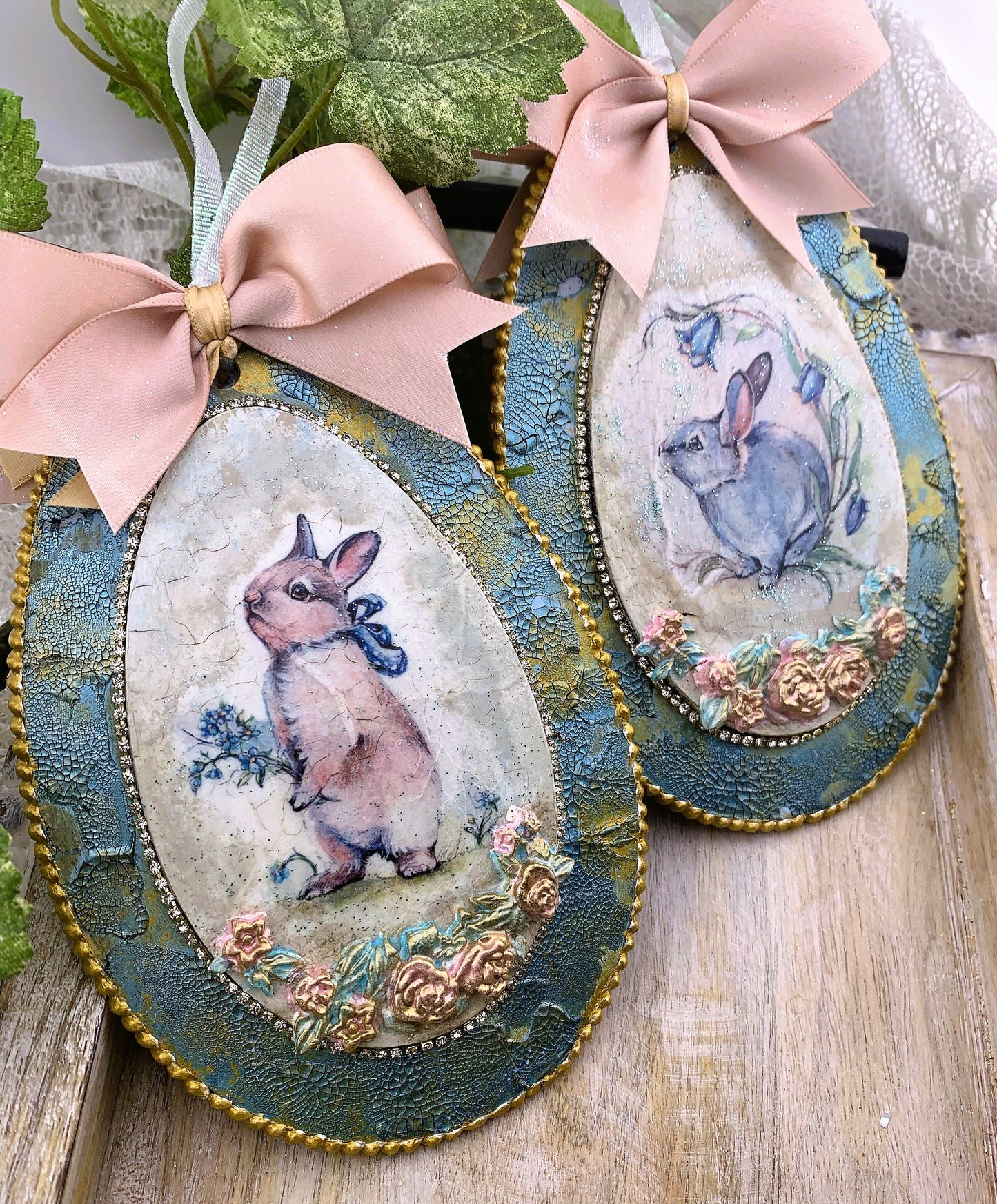 Handcrafted Shabby Chic Mixed Media Easter Bunny MDF Ornament Set 2, Vintage Style Easter Rabbits, Ornament Set, Easter Rabbit Ornament set
