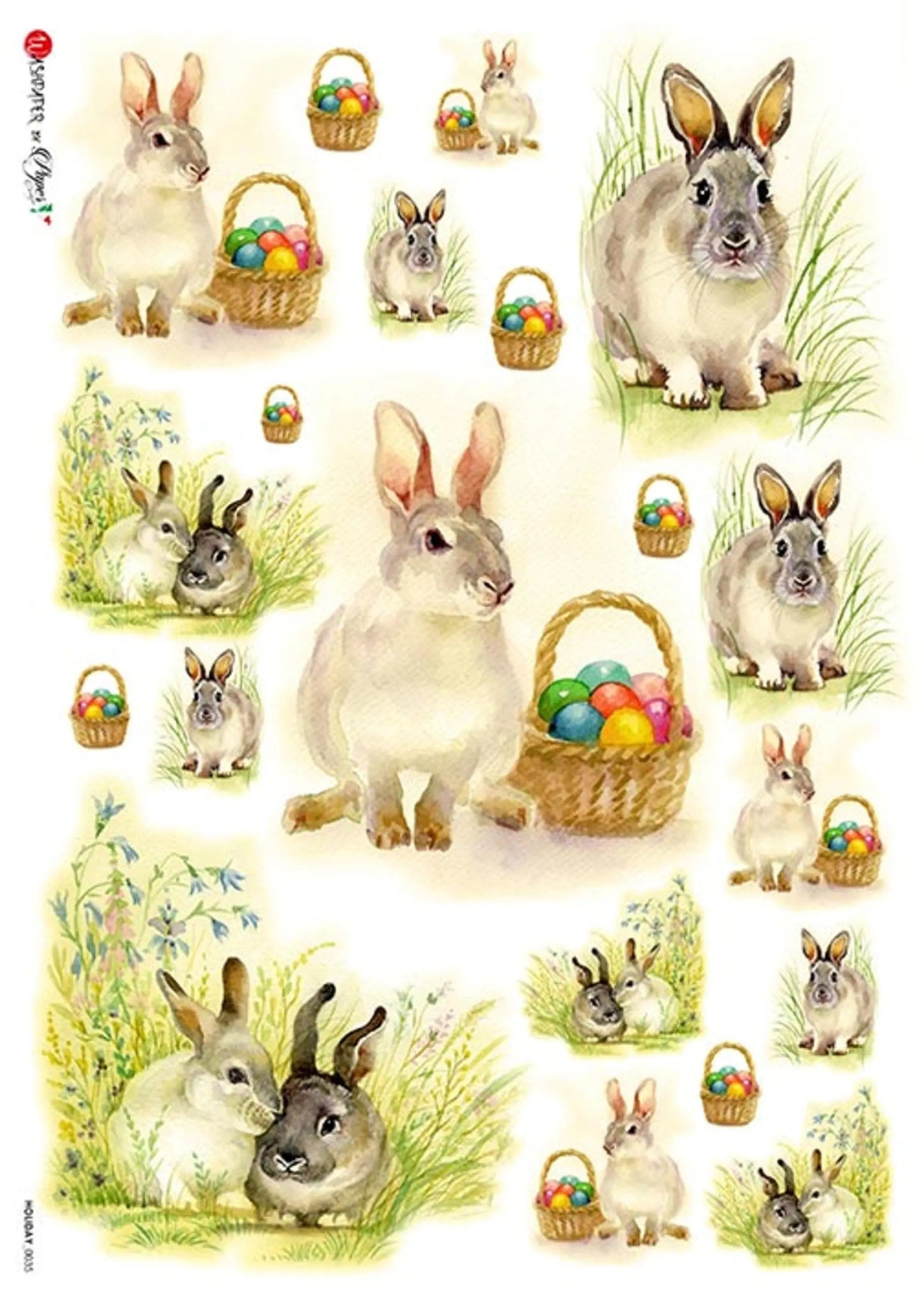 Paper Designs Holiday Easter Scenes, Bunnies, Baskets, Easter Eggs, 0035-A4, Size: A4 - 8.3" X 11.7" Rice Paper for Decoupage Paper Designs