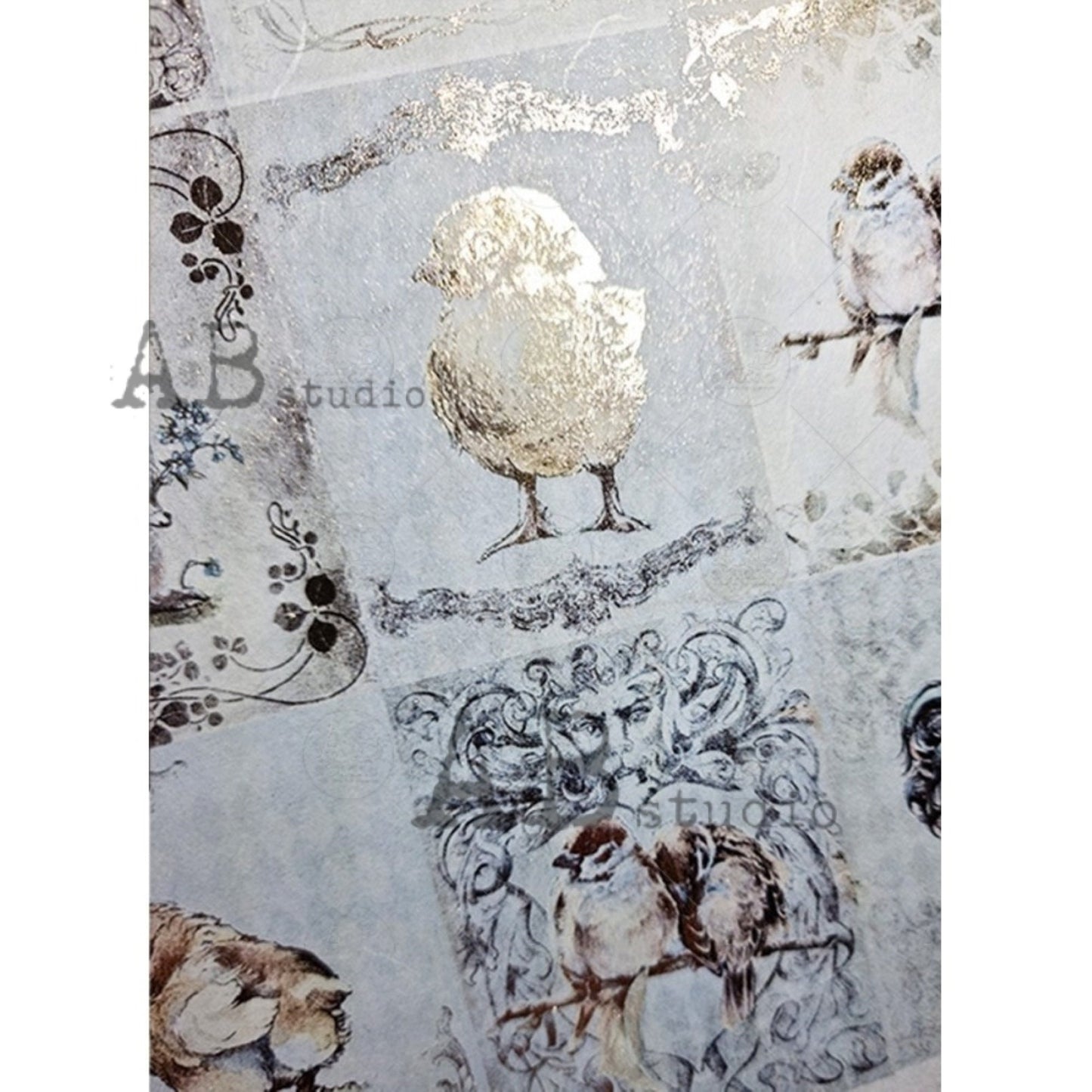 AB Studio Color Gilded Rice Paper, Easter Bunnies, Chics, Rooster, Squares, A4 1580, 8.27 X 11.69" Rice Paper Decoupage Imported Poland