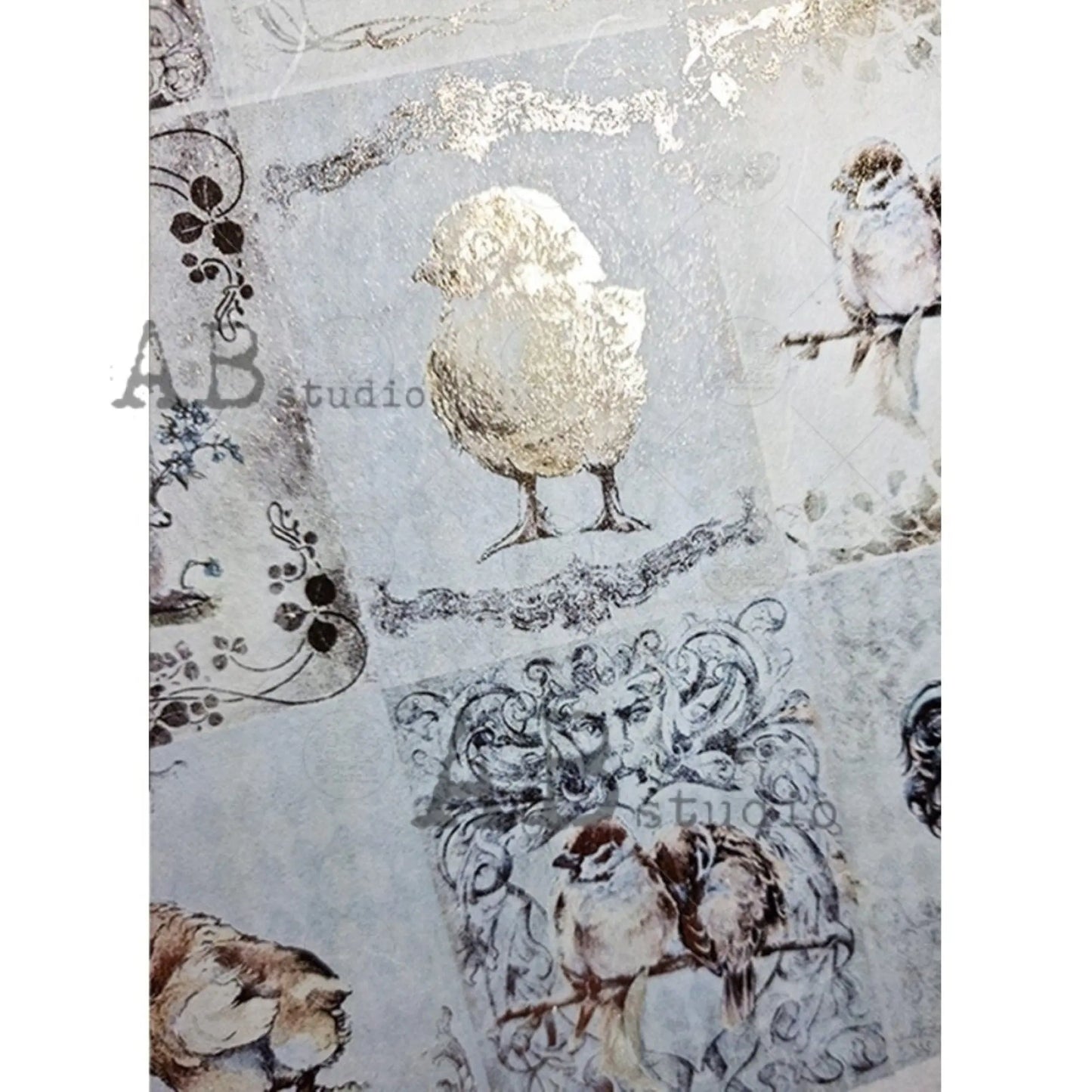 AB Studio Color Gilded Rice Paper, Easter Bunnies, Chics, Rooster, Squares, A4 1580, 8.27 X 11.69" Rice Paper Decoupage Imported Poland AB Studio