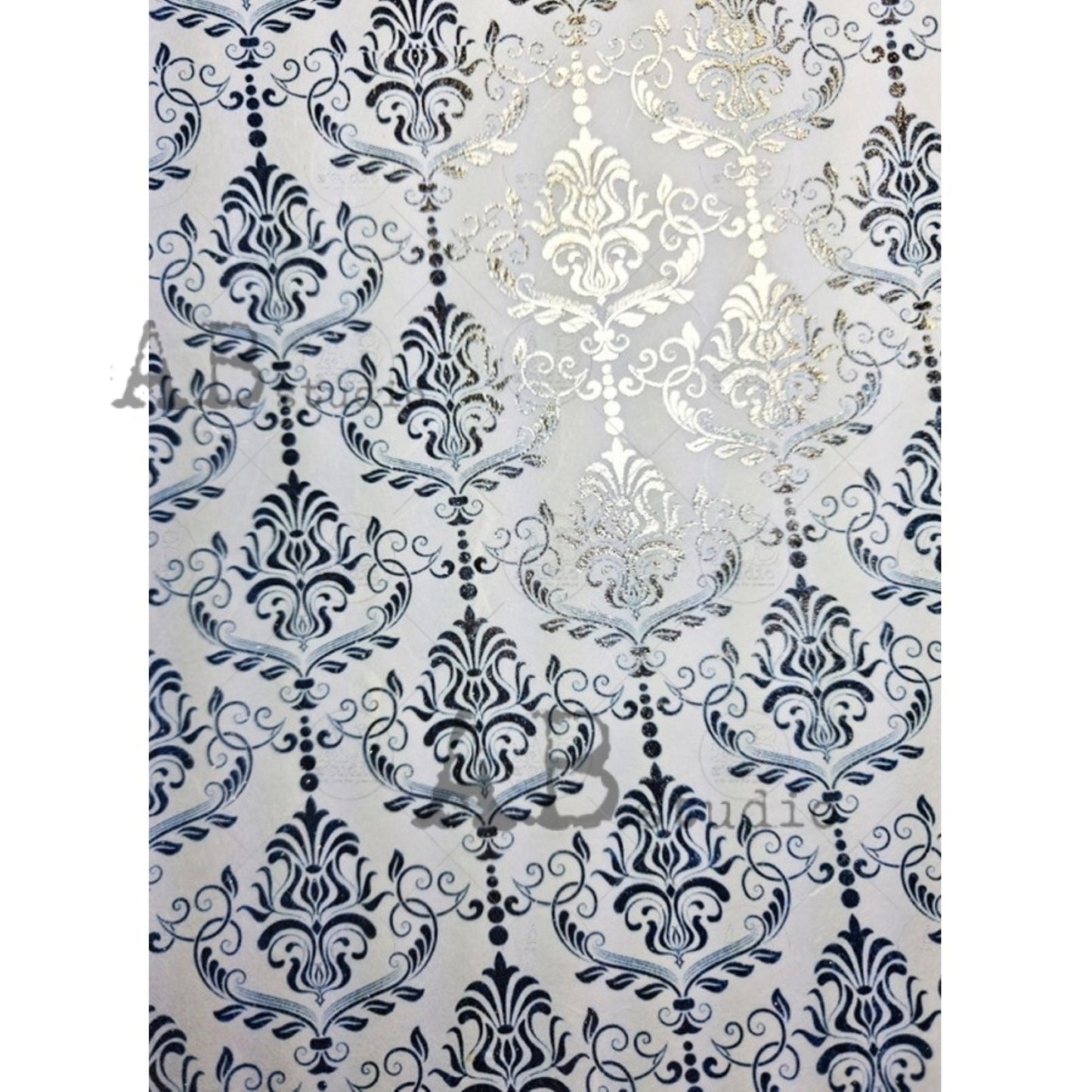 AB Studio Shabby Chic Blue Brocade Gold Gilded Rice Paper for Decoupage, Wallpaper, Background, 1574, A4 8.27 X 11.69 Imported Poland
