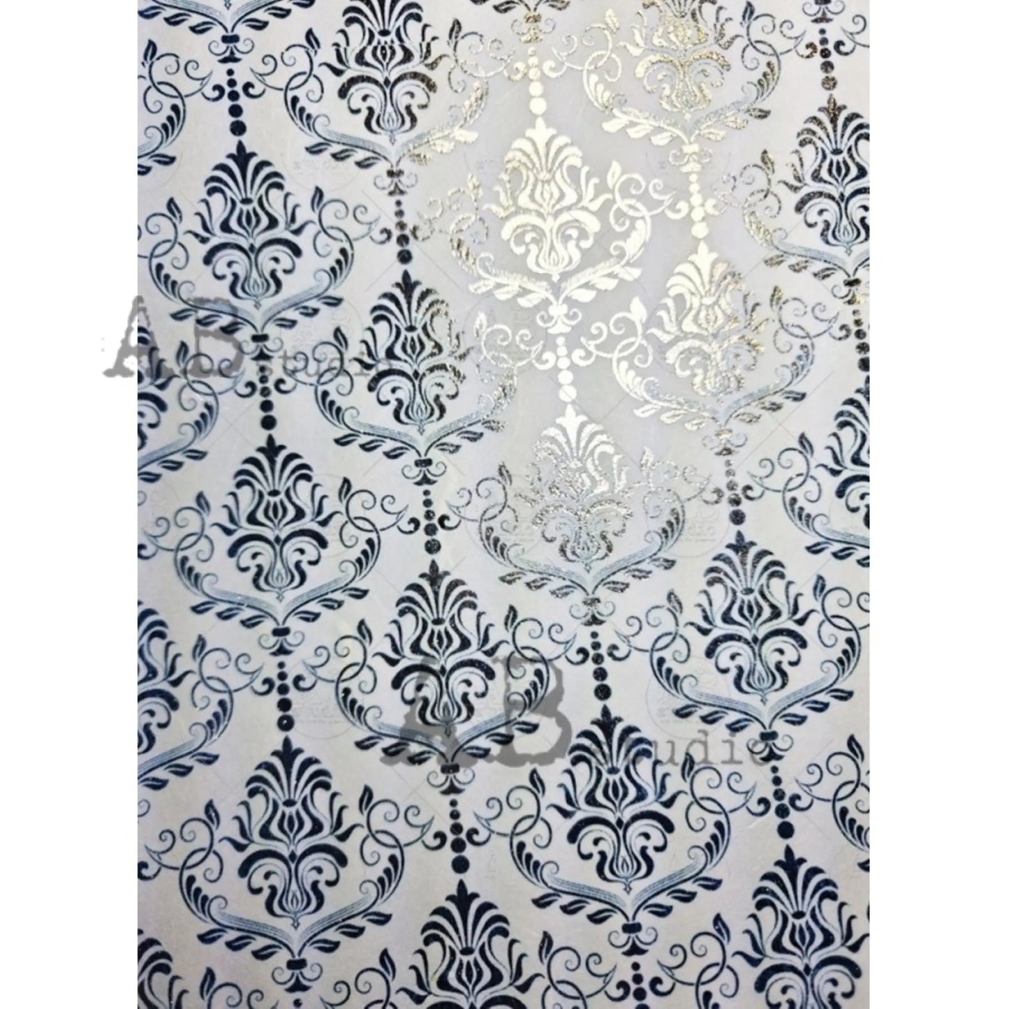 AB Studio Shabby Chic Blue Brocade Gold Gilded Rice Paper for Decoupage, Wallpaper, Background, 1574, A4 8.27 X 11.69 Imported Poland AB Studio