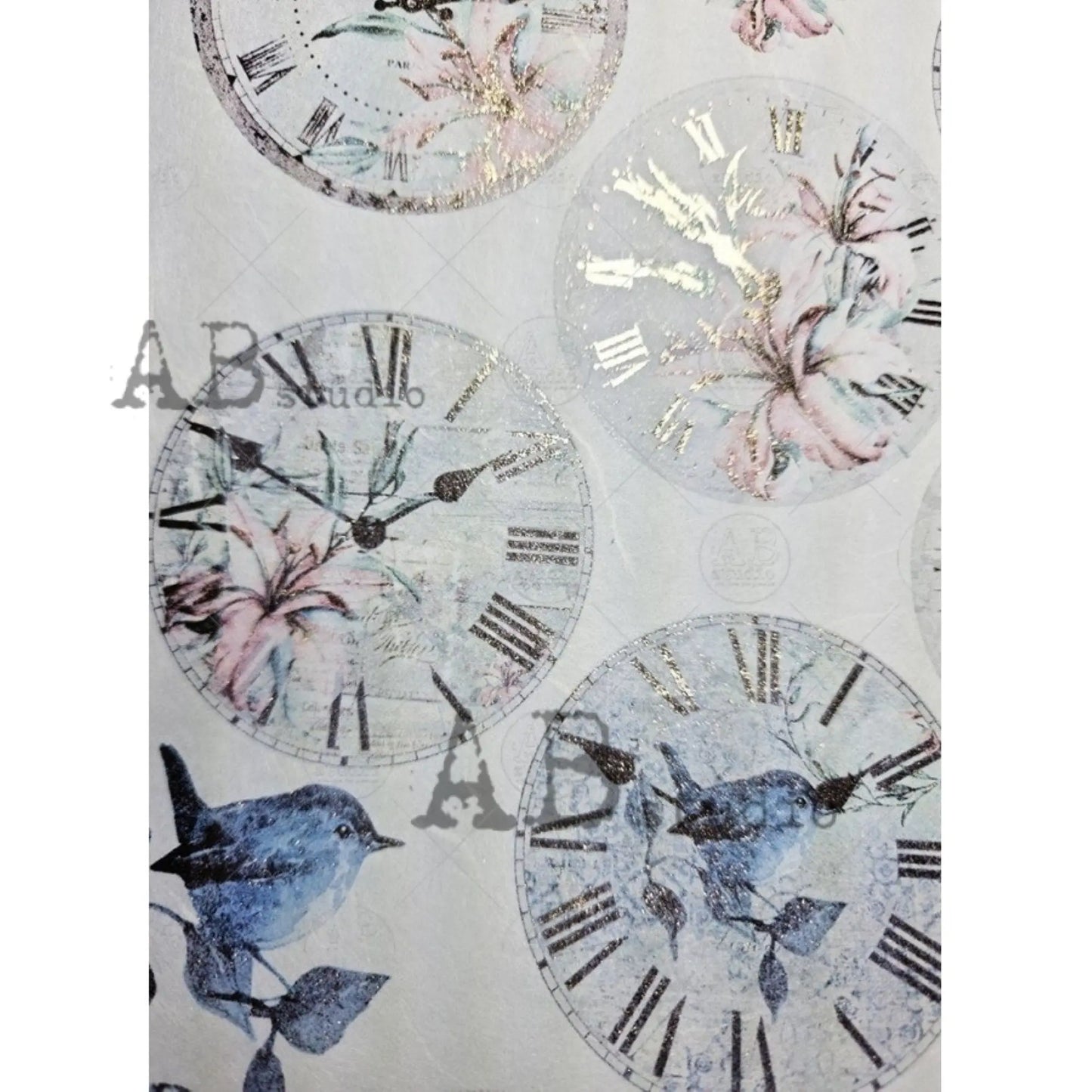 AB Studio Gold Color Gilded Rice Paper for Decoupage, Clocks, Blue Birds, Butterflies, A4 1570, 8.27 X 11.69" Imported Poland AB Studio
