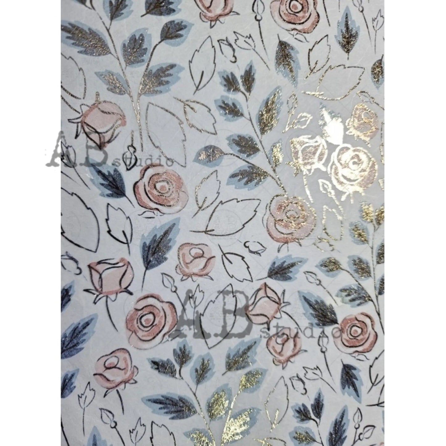 AB Studio Shabby Chic Pink Roses, Leaves, Gold, Gilded Rice Paper for Decoupage, Background, 1547, A4 8.27 X 11.69 Imported Poland AB Studio