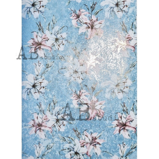 AB Studio Shabby Chic Pink Flowers, Blue Background, Gold Gilded Rice Paper for Decoupage, 1545, A4 8.27 X 11.69 Imported Poland