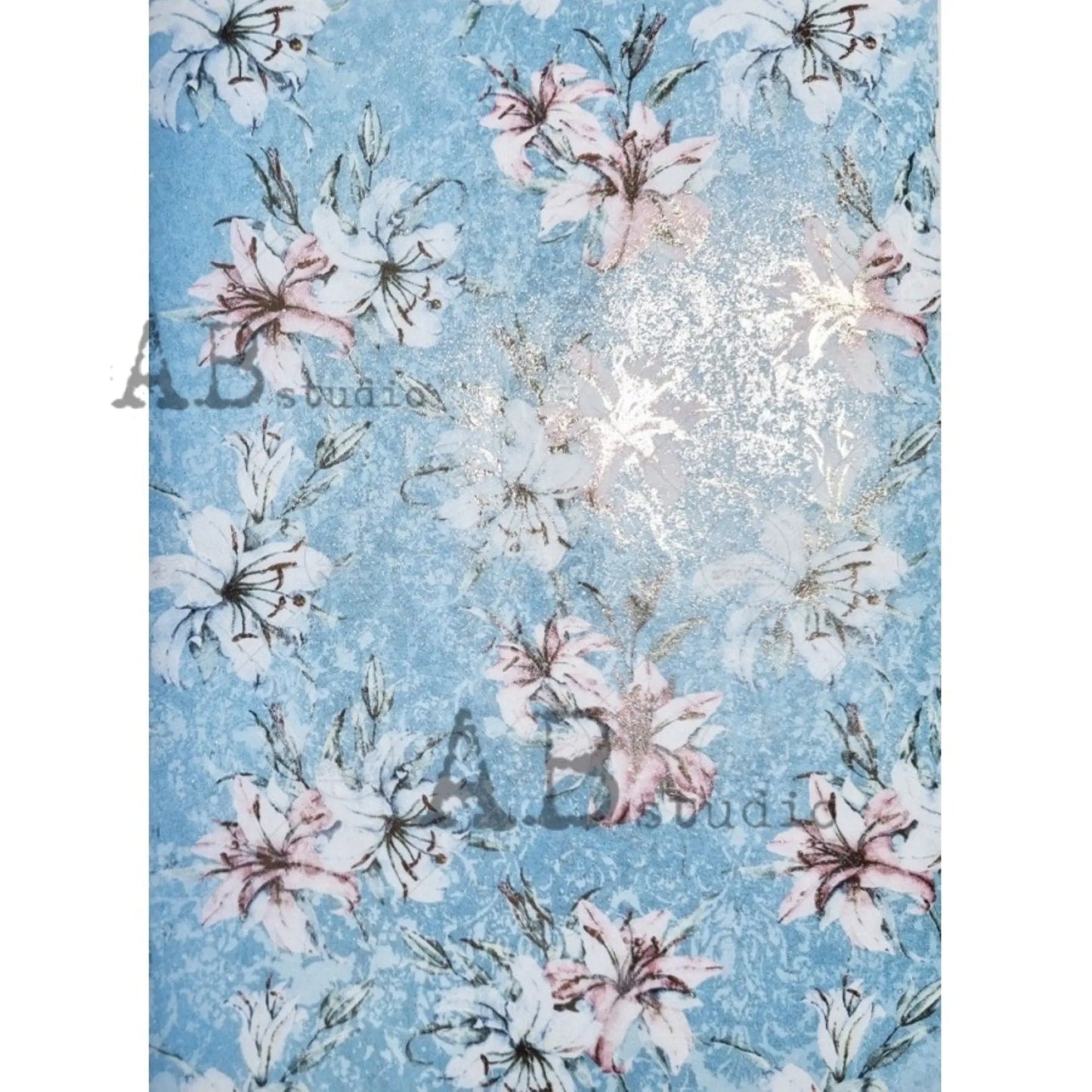 AB Studio Shabby Chic Pink Flowers, Blue Background, Gold Gilded Rice Paper for Decoupage, 1545, A4 8.27 X 11.69 Imported Poland AB Studio