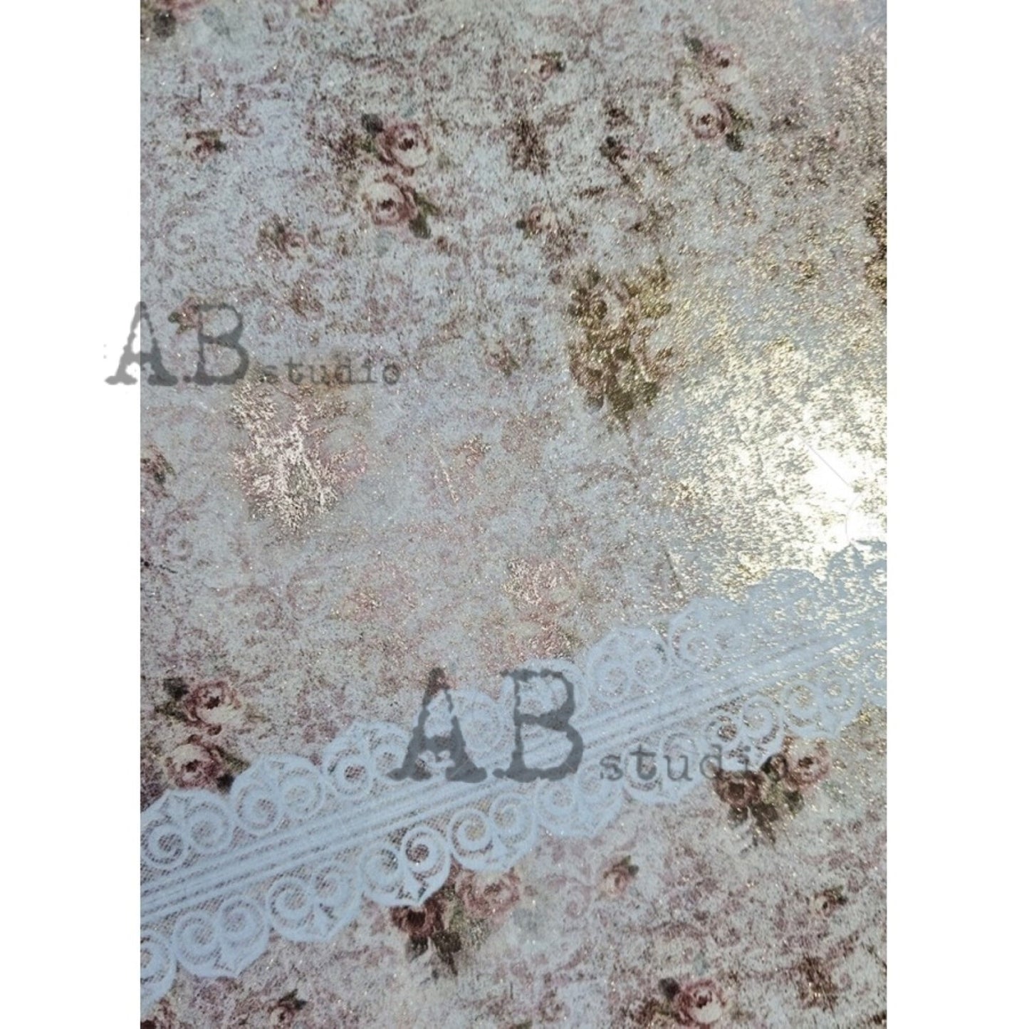 AB Studio Shabby Chic Pink Flowers, Lace, Gold Gilded Rice Paper for Decoupage, Background, 1541, A4 8.27 X 11.69 Imported Poland