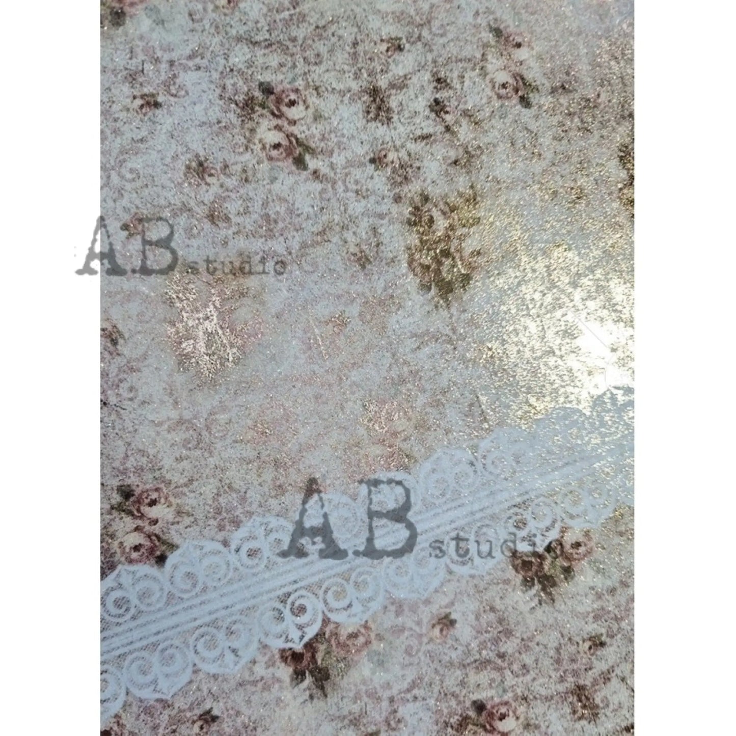 AB Studio Shabby Chic Pink Flowers, Lace, Gold Gilded Rice Paper for Decoupage, Background, 1541, A4 8.27 X 11.69 Imported Poland AB Studio