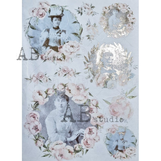 AB Studio Shabby Chic Vintage Portraits, Rose Garland Frames, Gold Gilded Rice Paper for Decoupage, 1519, A4 8.27 X 11.69 Imported Poland