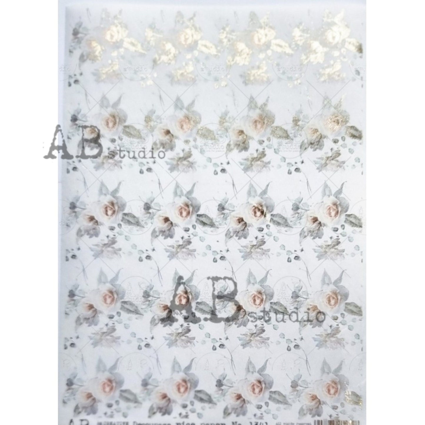 AB Studio Shabby Chic Pink Roses, Gold Gilded Rice Paper for Decoupage, Background, Wallpaper, 1510, A4 8.27 X 11.69 Imported Poland
