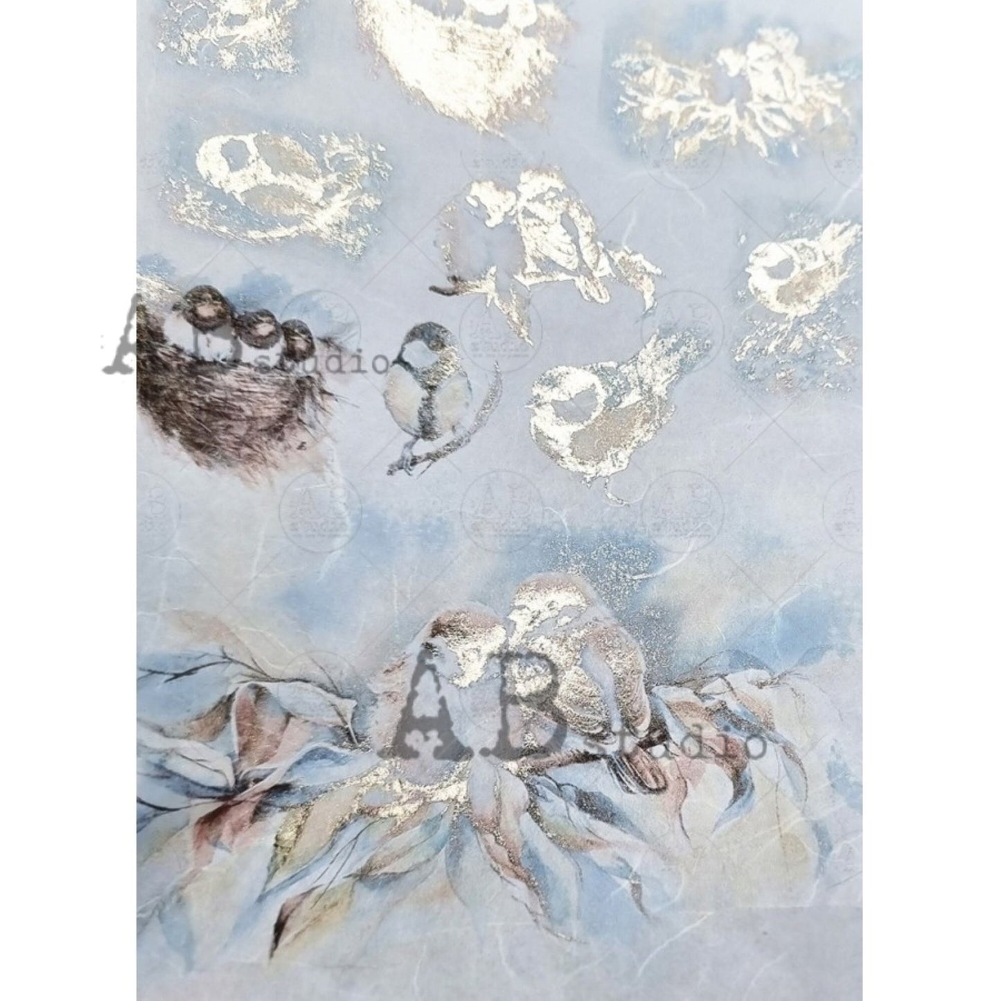 AB Studio Gold Color Gilded Rice Paper for Decoupage, Spring, Baby Birds, Love Birds, Nest, A4 1502, 8.27 X 11.69" Imported Poland