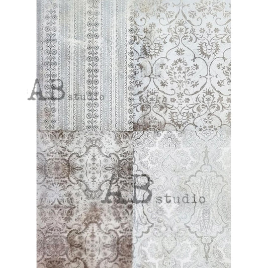 AB Studio Shabby Chic Vintage Style Silver Gilded Rice Paper Decoupage, Wallpaper, Background, Squares, 1504 A4 8.27 X 11.69 Imported Poland