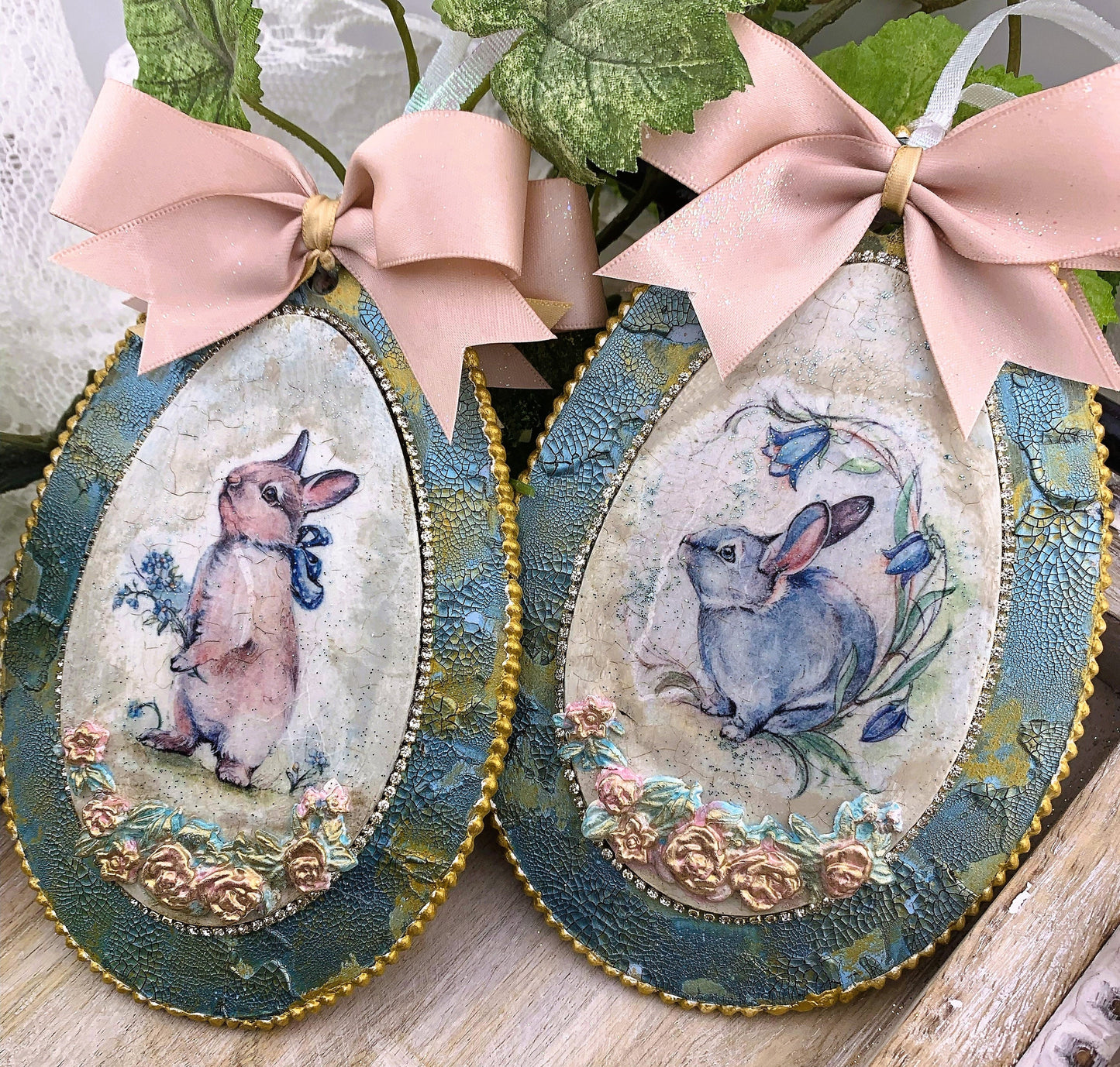 Handcrafted Shabby Chic Mixed Media Easter Bunny MDF Ornament Set 2, Vintage Style Easter Rabbits, Ornament Set, Easter Rabbit Ornament set