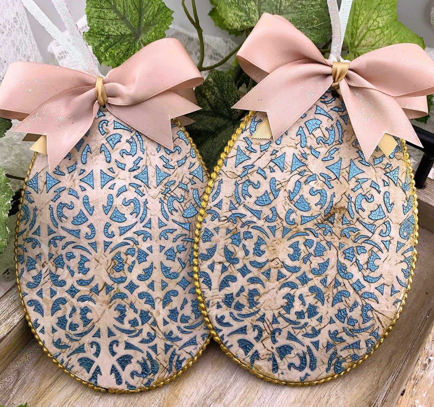 Handcrafted Shabby Chic Mixed Media Easter Bunny MDF Ornament Set 2, Vintage Style Easter Rabbits, Ornament Set, Easter Rabbit Ornament set