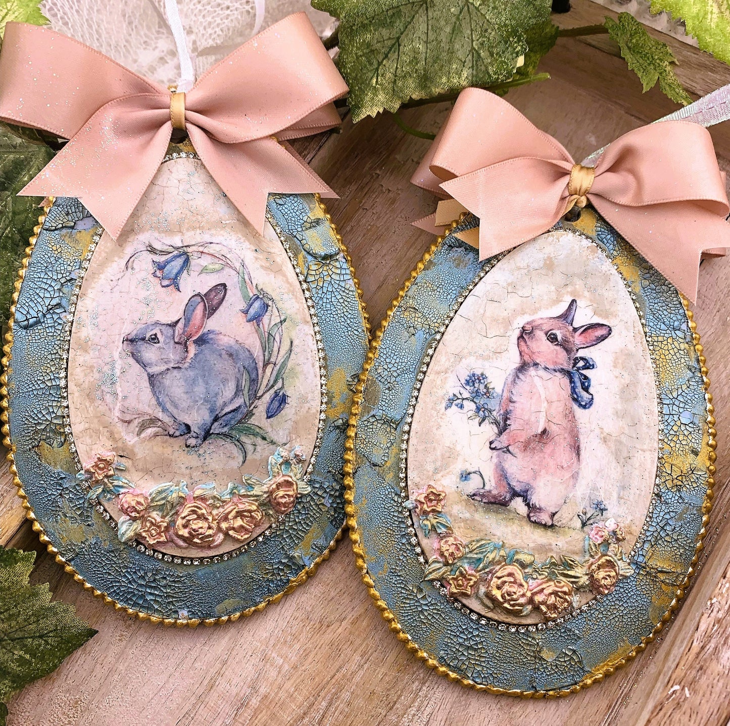 Handcrafted Shabby Chic Mixed Media Easter Bunny MDF Ornament Set 2, Vintage Style Easter Rabbits, Ornament Set, Easter Rabbit Ornament set