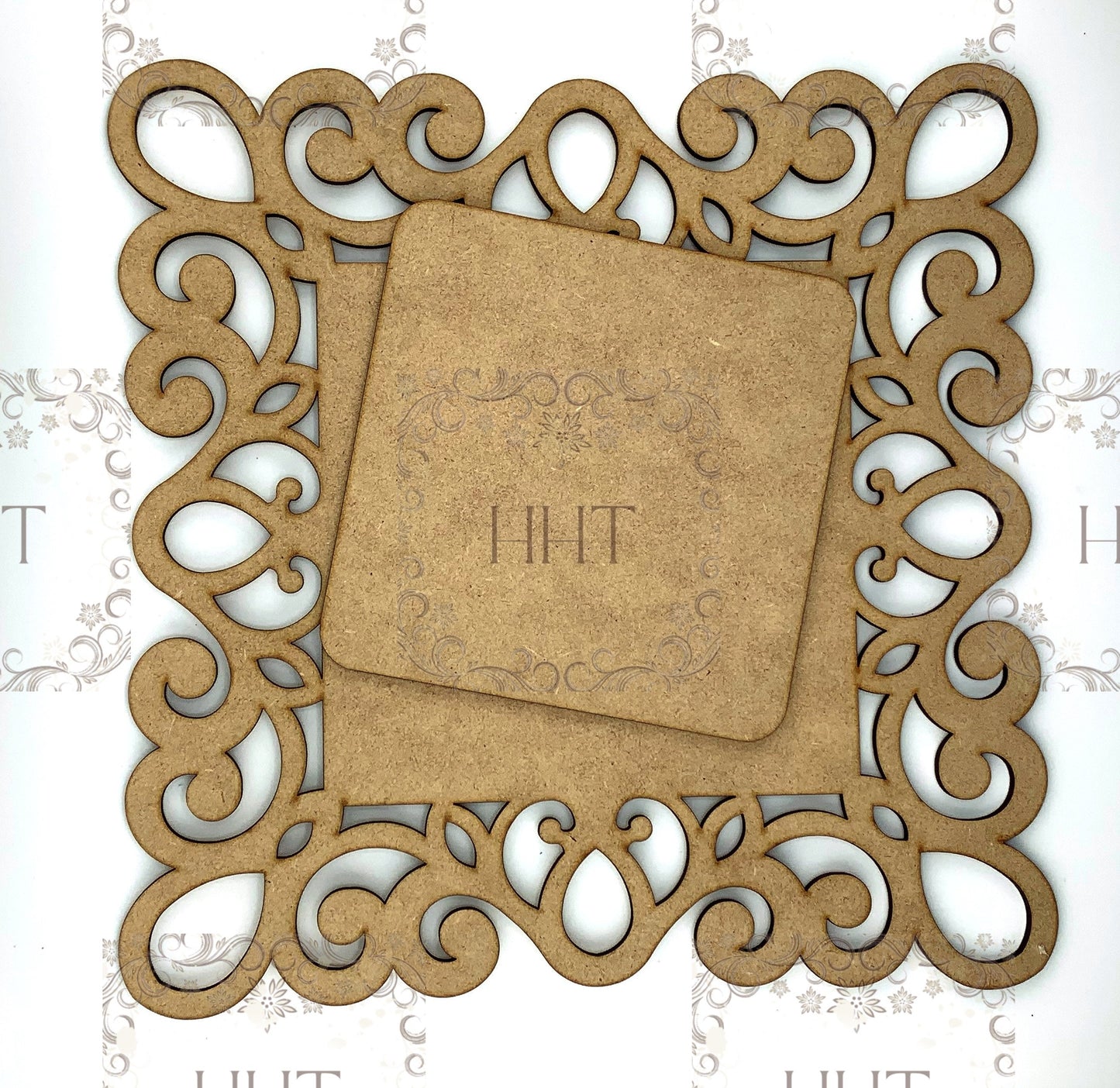 Laser Cut MDF Vintage Style Wood Base Blank Overlay Plaque, Panel, 2 pc, Decoupage, Mixed Media, 2 Sizes, 9.5 x 9.5 in, 8.5 x 8.5 in 1/8 in