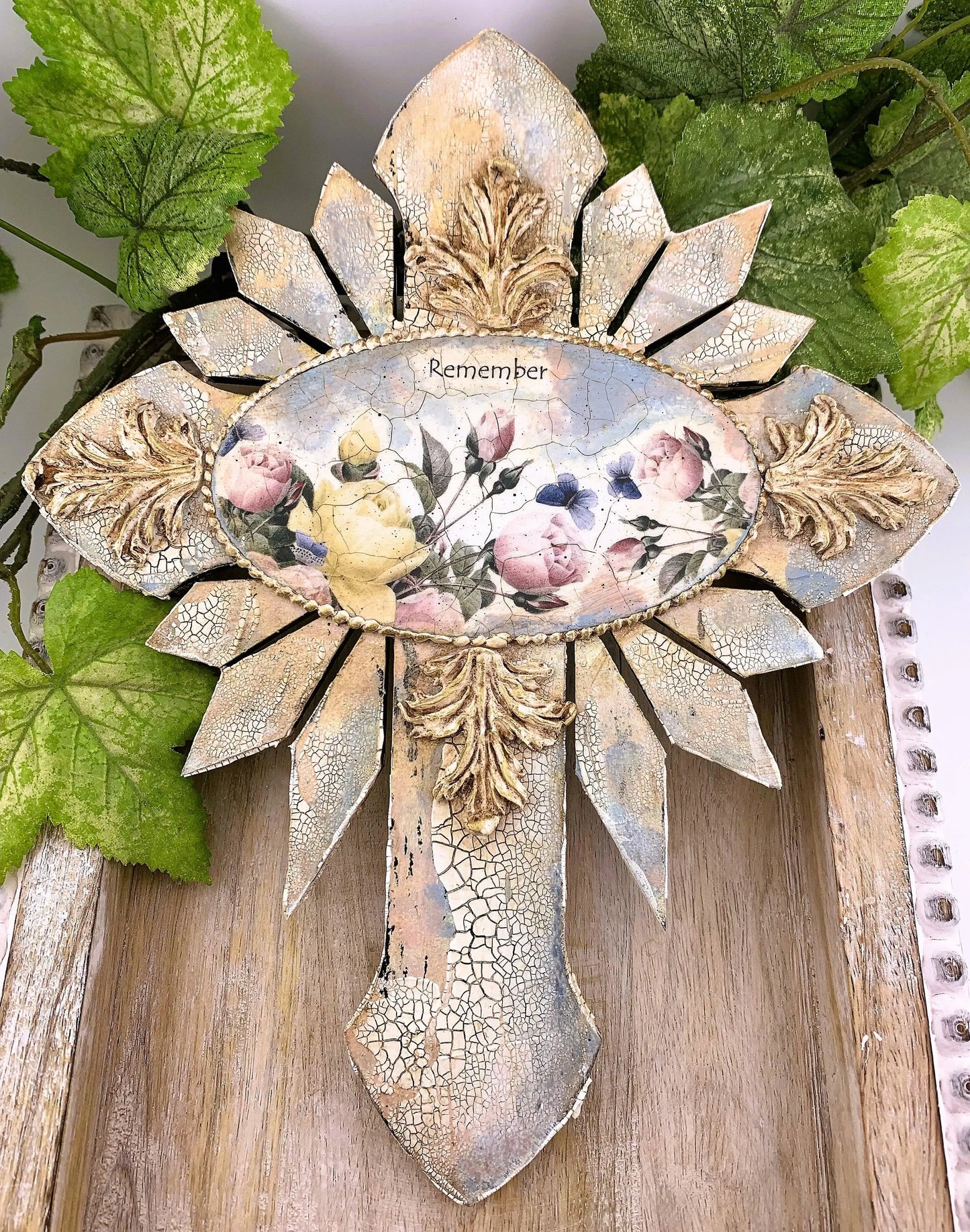 Handcrafted Mixed Media Shabby Chic Cross, Remember, Vintage Style, Decoupage, Antique Style Cross Panel, Laser Cut MDF, Plaque Handmade by Pamela