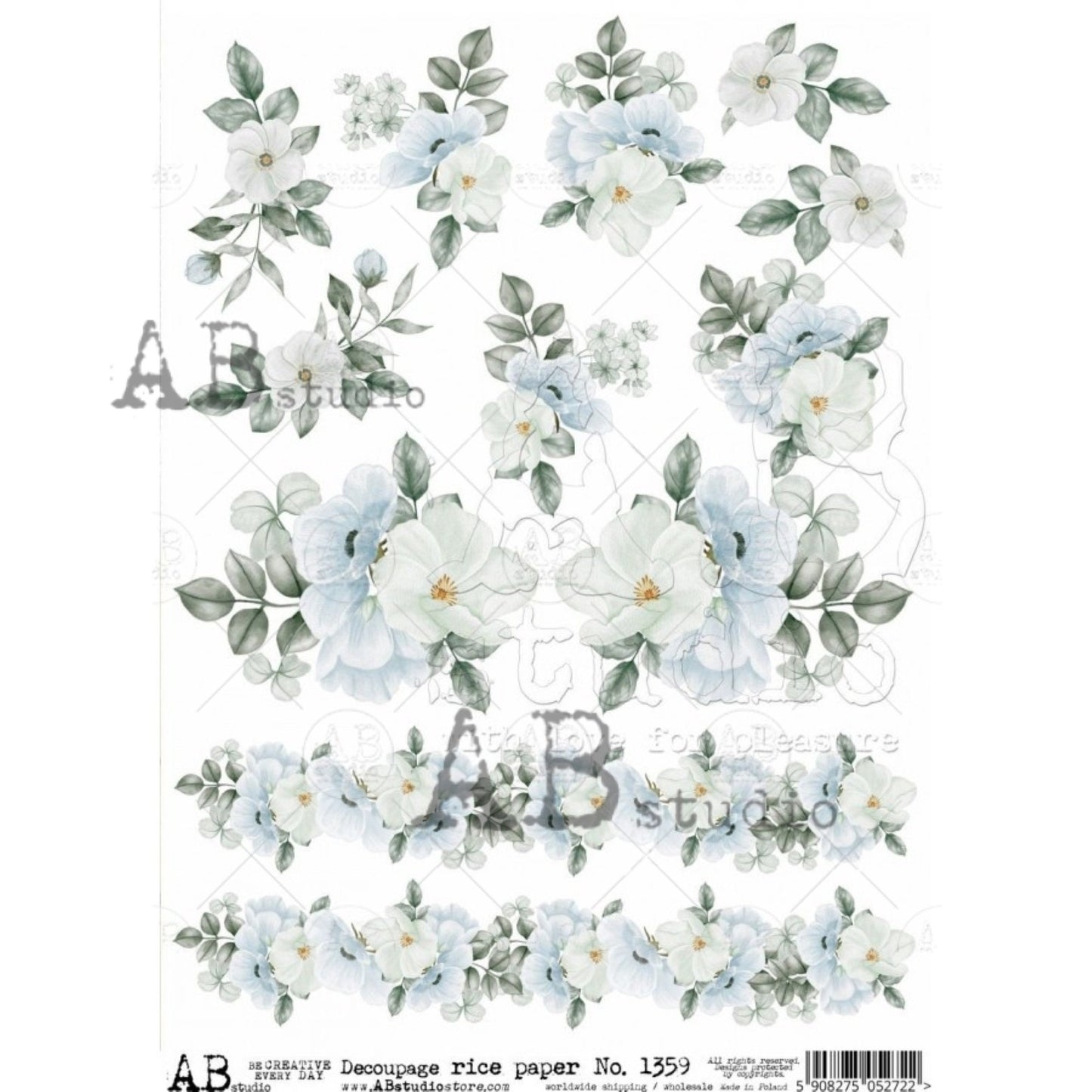 AB Studio Shabby Chic, Blue, White Flowers, Bouquets, 1359 Size: A4 - 8.27 X 11.69 inches Rice Paper for Decoupage Imported from Poland