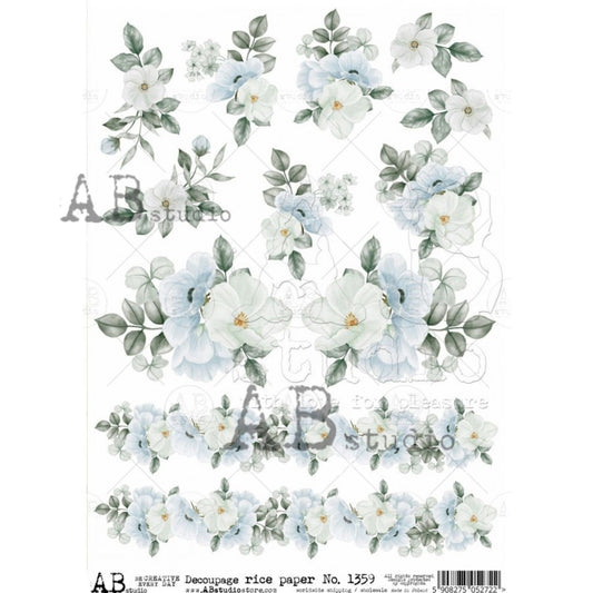 AB Studio Shabby Chic, Blue, White Flowers, Bouquets, 1359 Size: A4 - 8.27 X 11.69 inches Rice Paper for Decoupage Imported from Poland