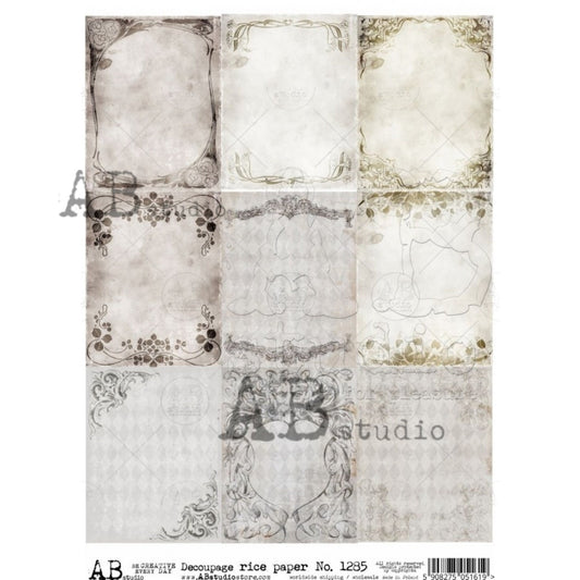 AB Studio Shabby Chic, Frames, Background, Squares, 1285 Size: A4 - 8.27 X 11.69 inches Rice Paper for Decoupage Imported from Poland