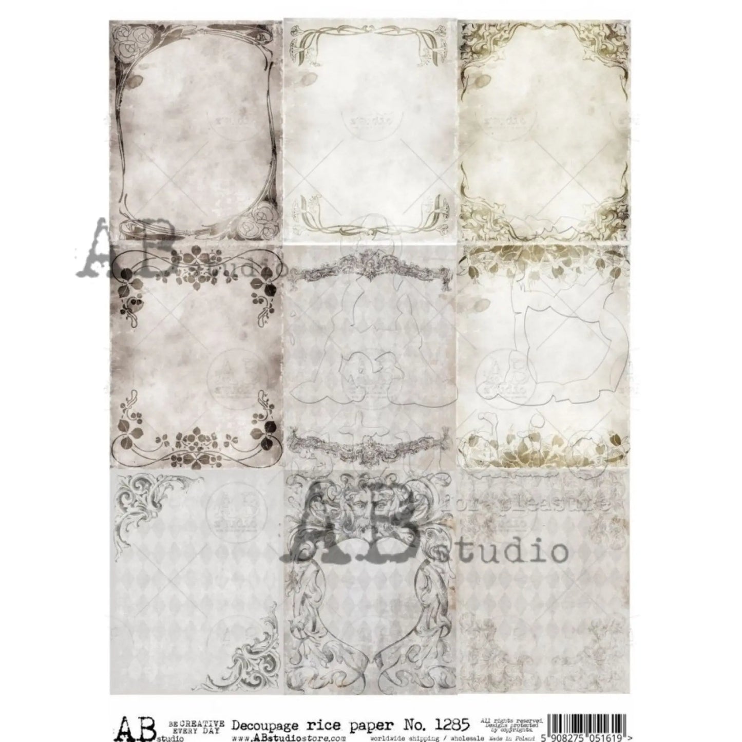 AB Studio Shabby Chic, Frames, Background, Squares, 1285 Size: A4 - 8.27 X 11.69 inches Rice Paper for Decoupage Imported from Poland AB Studio