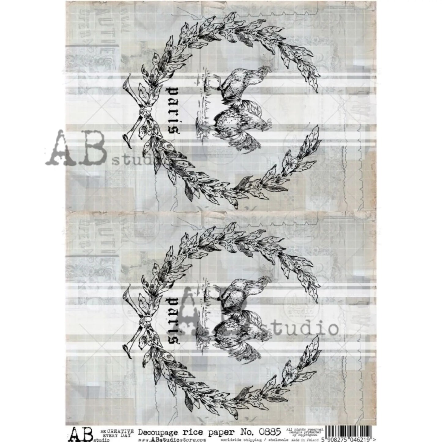 AB Studio Shabby Chic, Hens, Chickens, Paris, Feed sack, #885, A4 - 8.27 X 11.69 inches Rice Paper for Decoupage Imported from Poland AB Studio