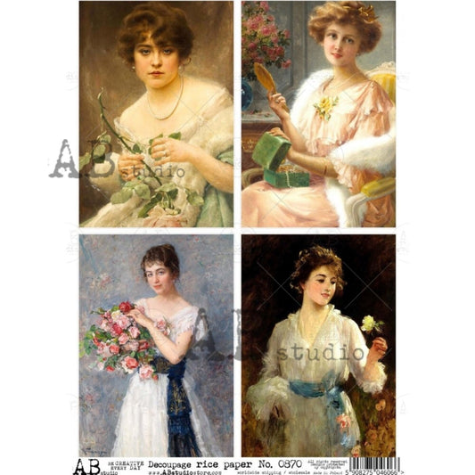 AB Studio Vintage Style Women, Flowers, Portraits, Squares, 870, A4, Size: 8.27 X 11.69 inches Rice Paper for Decoupage Imported from Poland