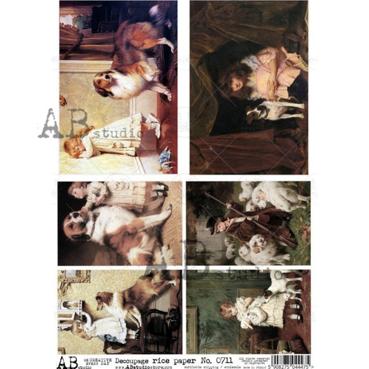 AB Studio Vintage Style Children, Dogs, Portraits, Squares, 711, A4, Size: 8.27 X 11.69 inches Rice Paper for Decoupage Imported from Poland