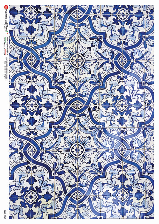 Paper Designs. Tiles, Blue, White, Rice Paper for Decoupage, Mixed Media, 0040 A4 Size: A4 - 8.3" X 11.7"