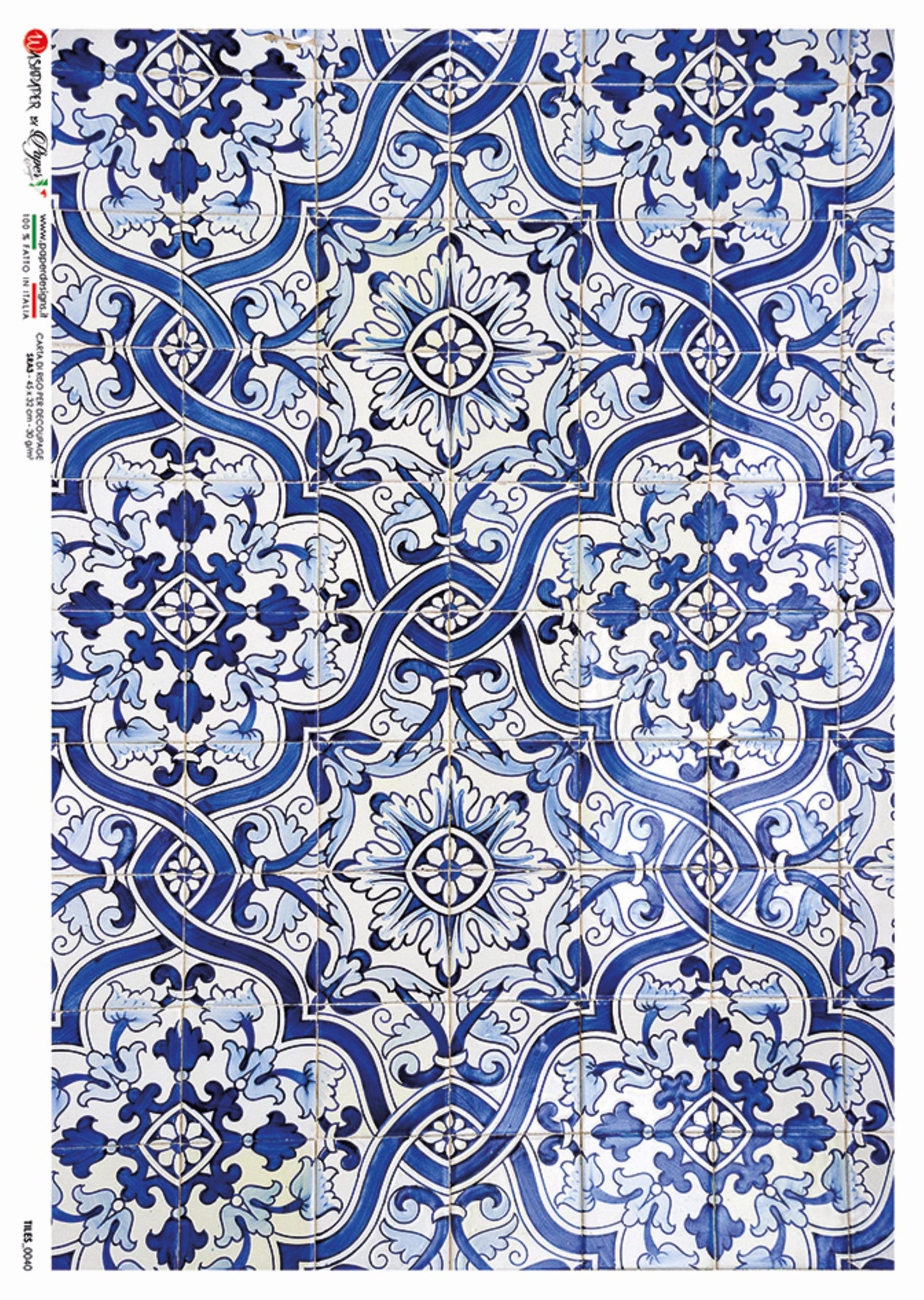 Paper Designs. Tiles, Blue, White, Rice Paper for Decoupage, Mixed Media, 0040 A4 Size: A4 - 8.3" X 11.7"