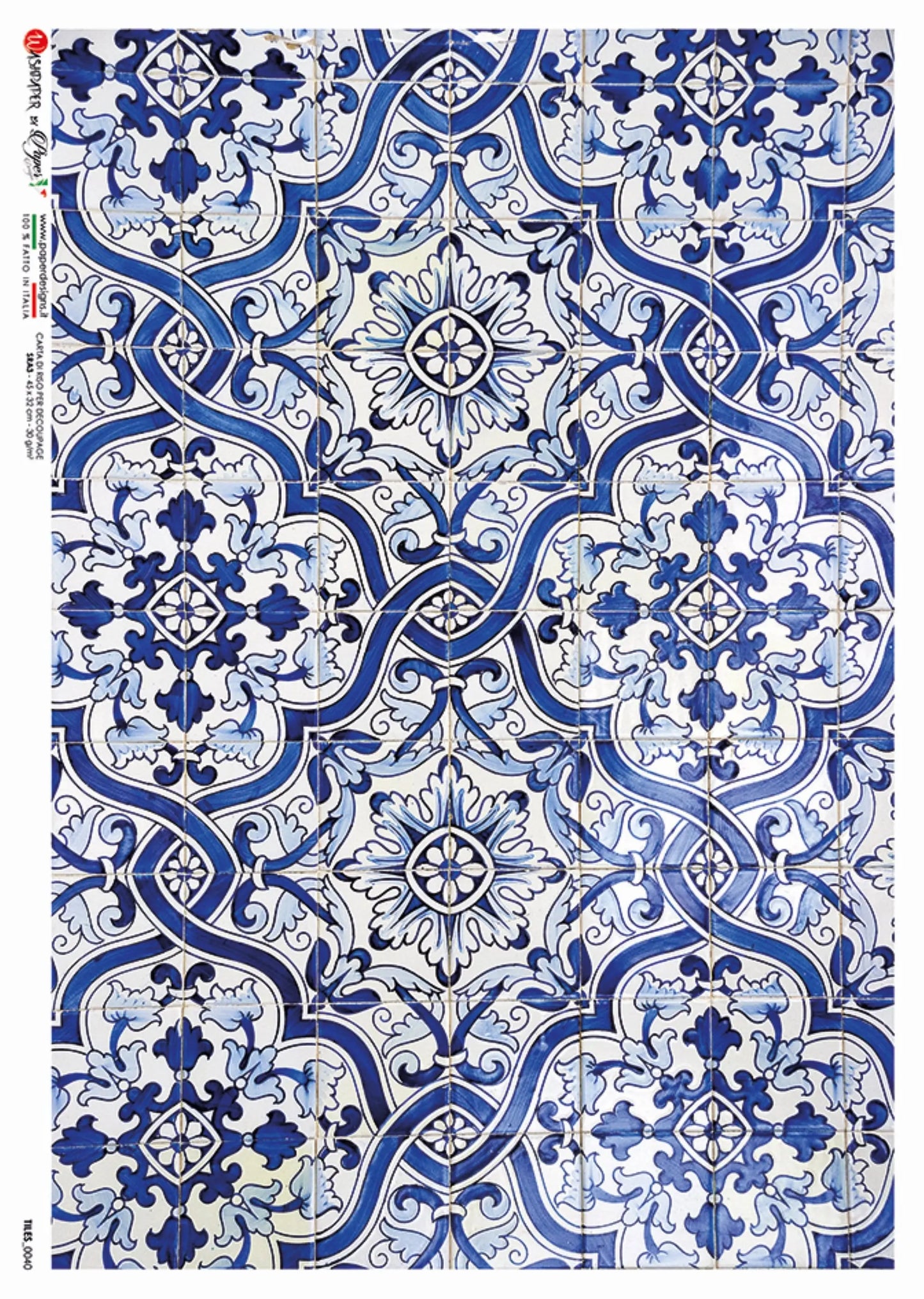 Paper Designs. Tiles, Blue, White, Rice Paper for Decoupage, Mixed Media, 0040 A4 Size: A4 - 8.3" X 11.7" Paper Designs