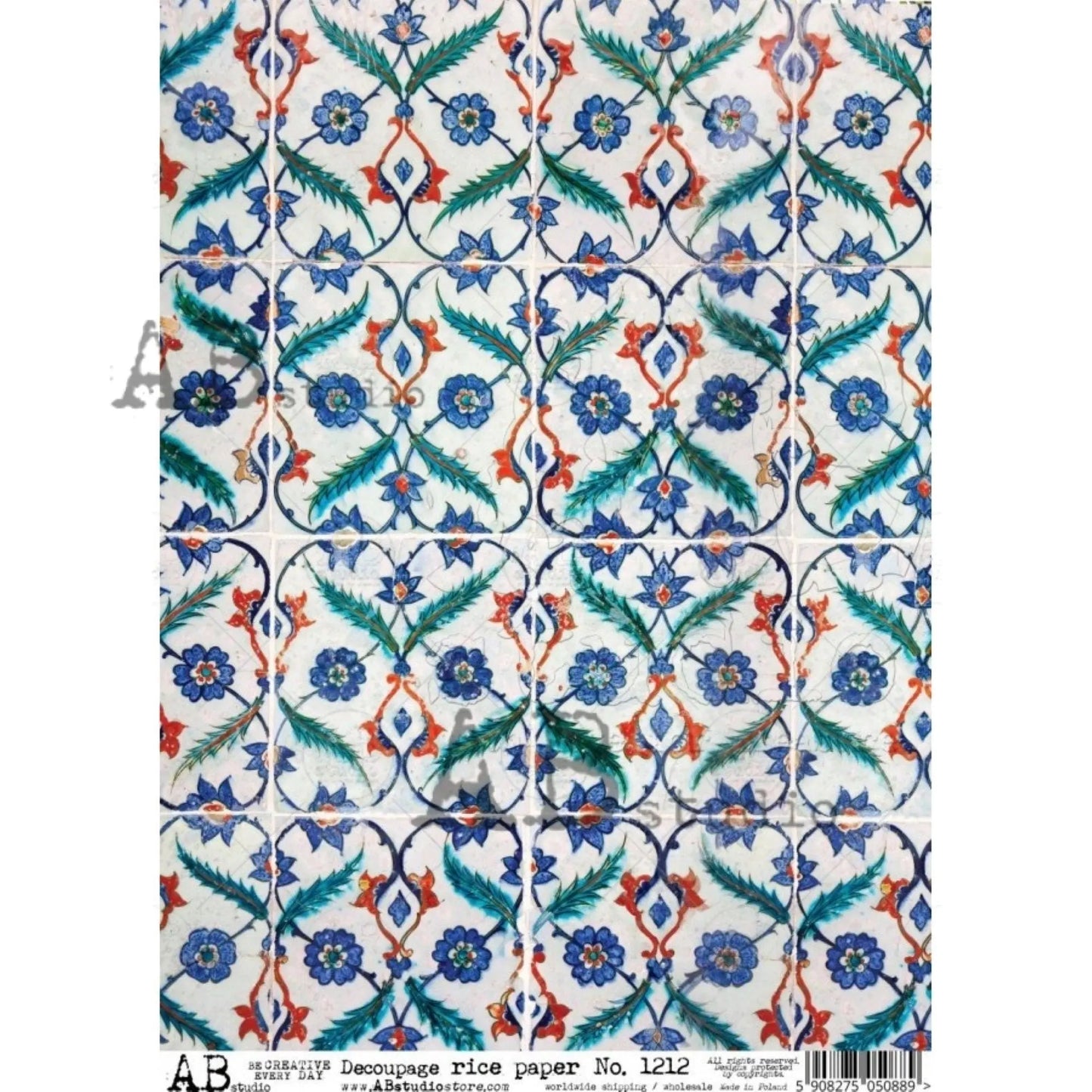 AB Studio Ceramic Tile Floral Design #1212 Size: A4 - 8.27 X 11.69 inches Rice Paper for Decoupage Imported from Poland AB Studio