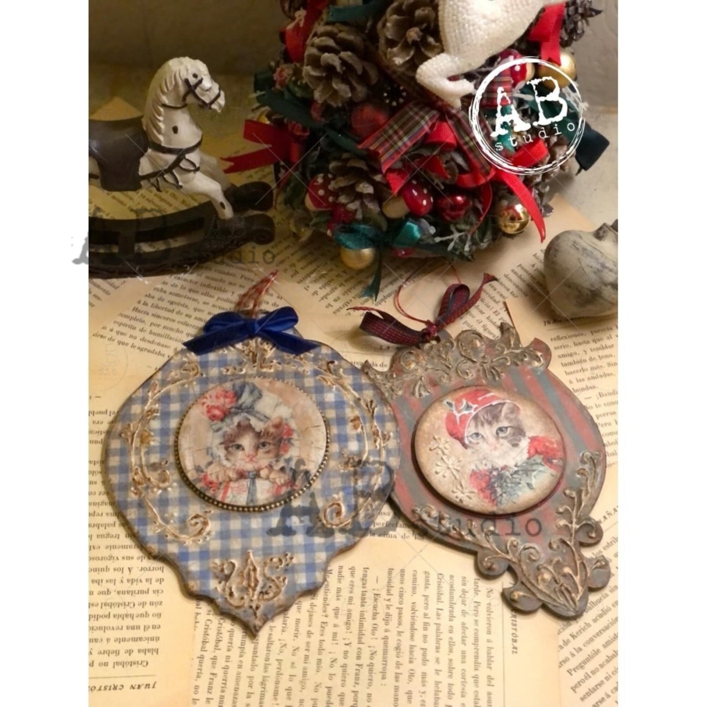 AB Studio Christmas Cat, Kitten, Santa, Ornament, Squares, #1133 Size: A4 - 8.27 X 11.69 in Rice Paper for Decoupage Imported from Poland