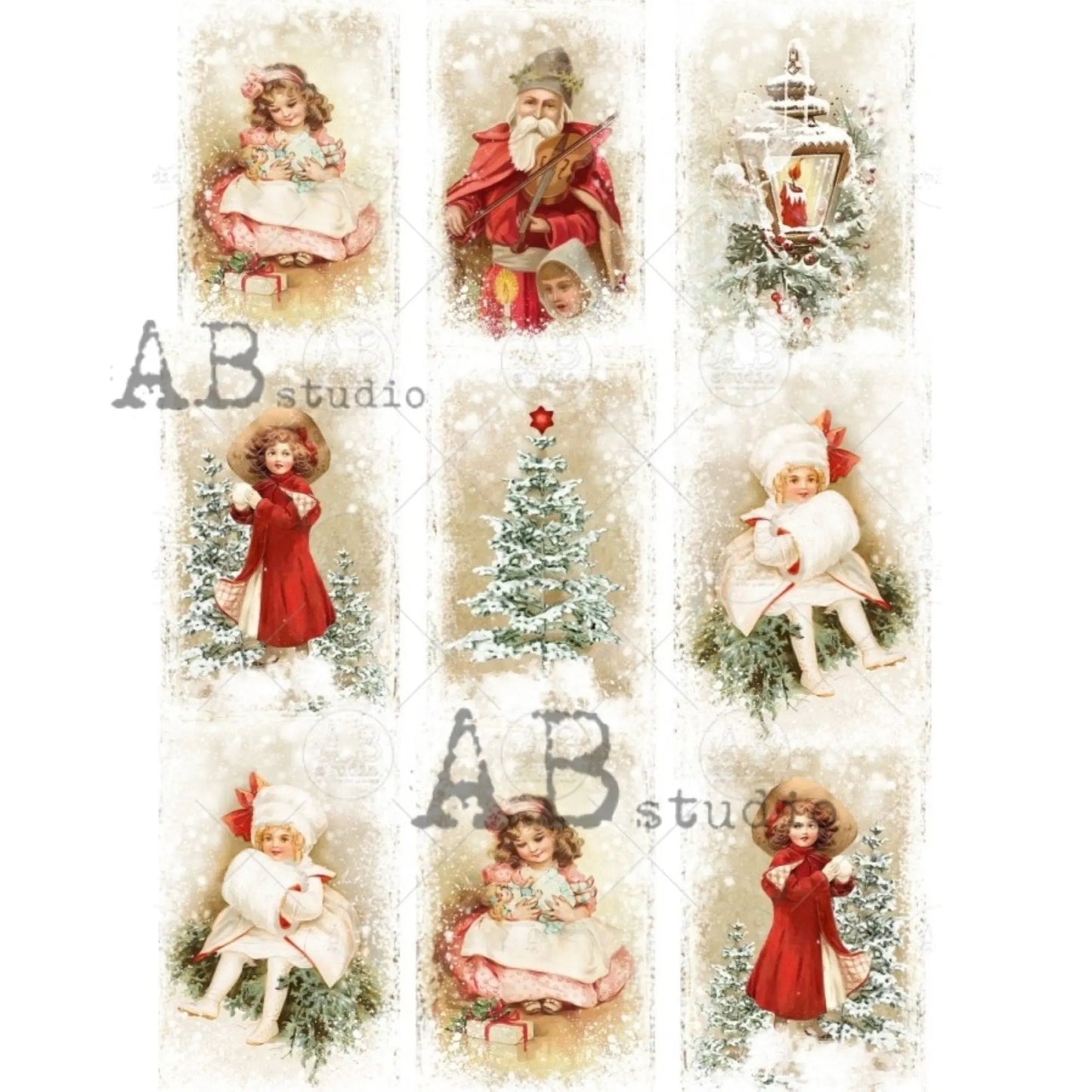 AB Studio Christmas, Vintage, Trees, Children, Santa, Squares, #1131, A4 - 8.27 X 11.69 in Rice Paper for Decoupage Imported from Poland AB Studio