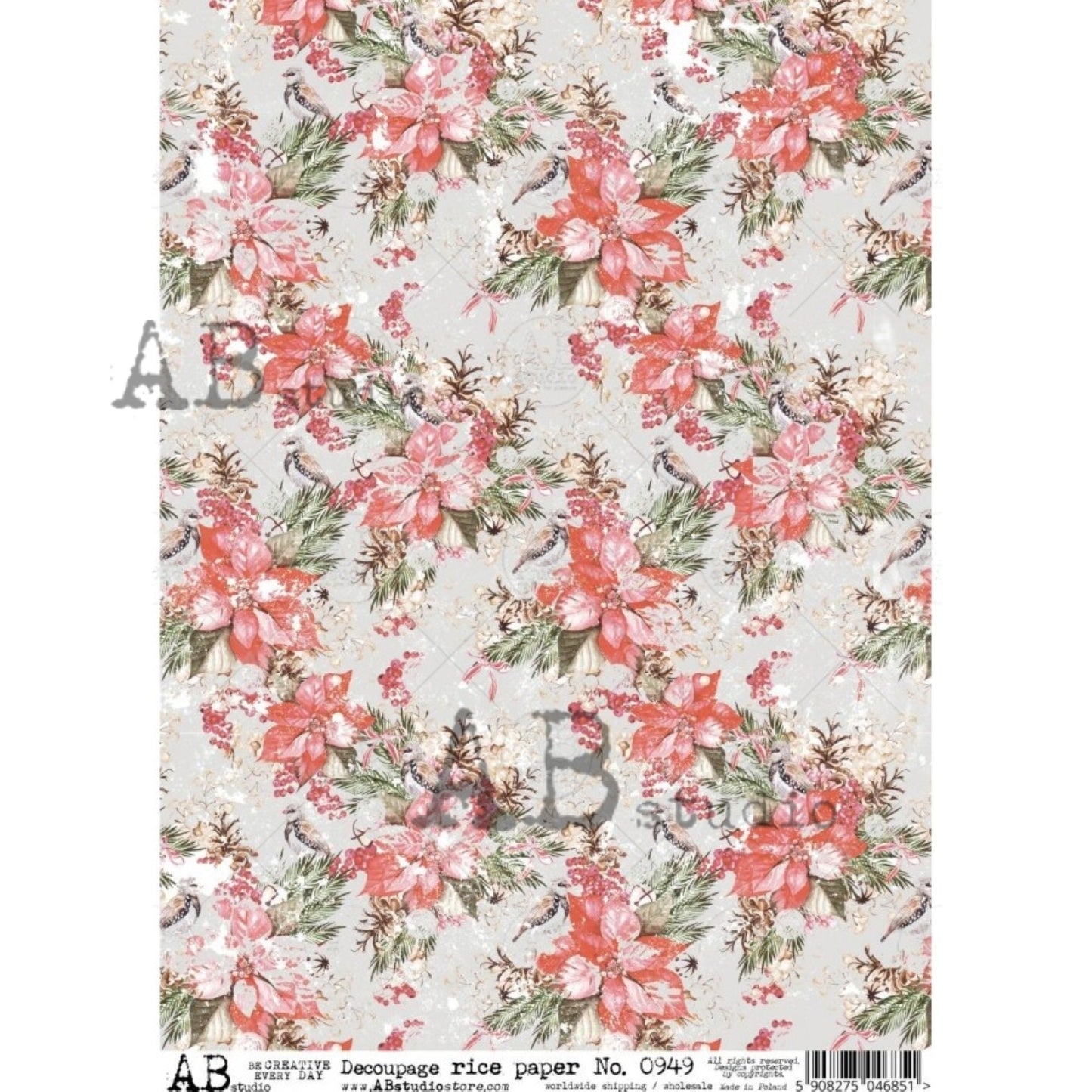 AB Studio Christmas, Red Poinsettia, Flower, Bouquets, #949, A4 - 8.27 X 11.69 in Rice Paper for Decoupage Imported from Poland