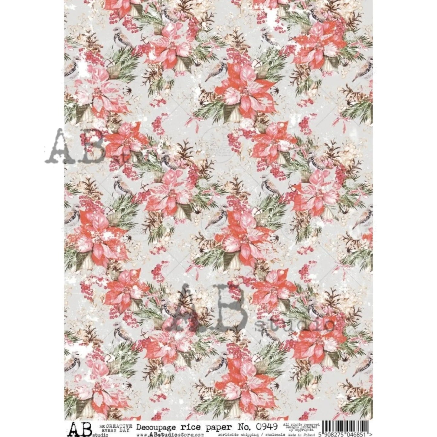 AB Studio Christmas, Red Poinsettia, Flower, Bouquets, #949, A4 - 8.27 X 11.69 in Rice Paper for Decoupage Imported from Poland AB Studio