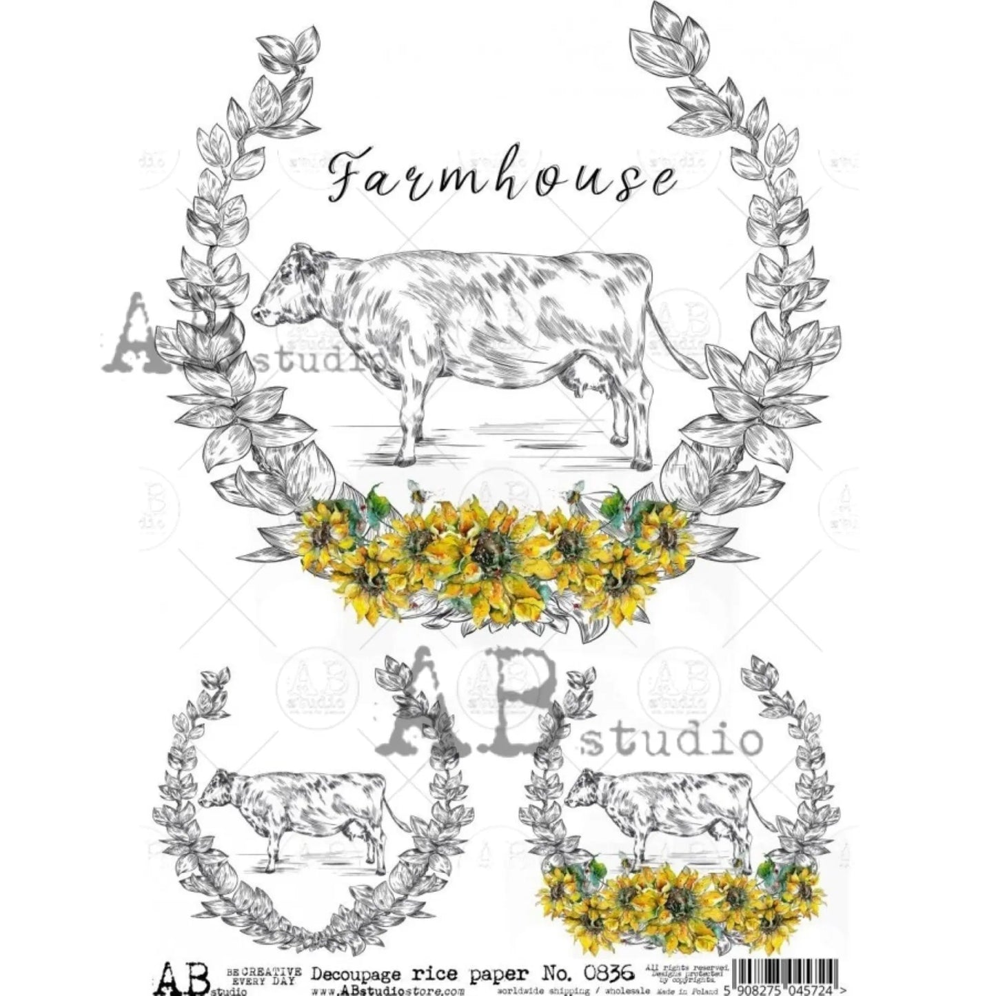 AB Studio Shabby Chic, Cows, Farmhouse, Sunflowers, Feed sack, #836, A4 - 8.27 X 11.69 inches Rice Paper for Decoupage Imported from Poland AB Studio
