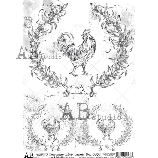 AB Studio Shabby Chic, Roosters, Farmhouse, Feed sack, #830, A4 - 8.27 X 11.69 inches Rice Paper for Decoupage Imported from Poland