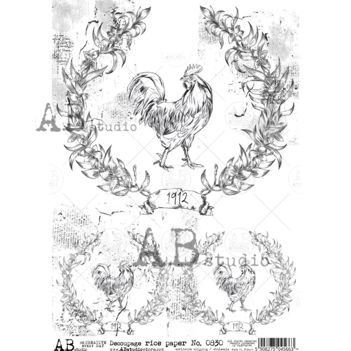 AB Studio Shabby Chic, Roosters, Farmhouse, Feed sack, #830, A4 - 8.27 X 11.69 inches Rice Paper for Decoupage Imported from Poland AB Studio