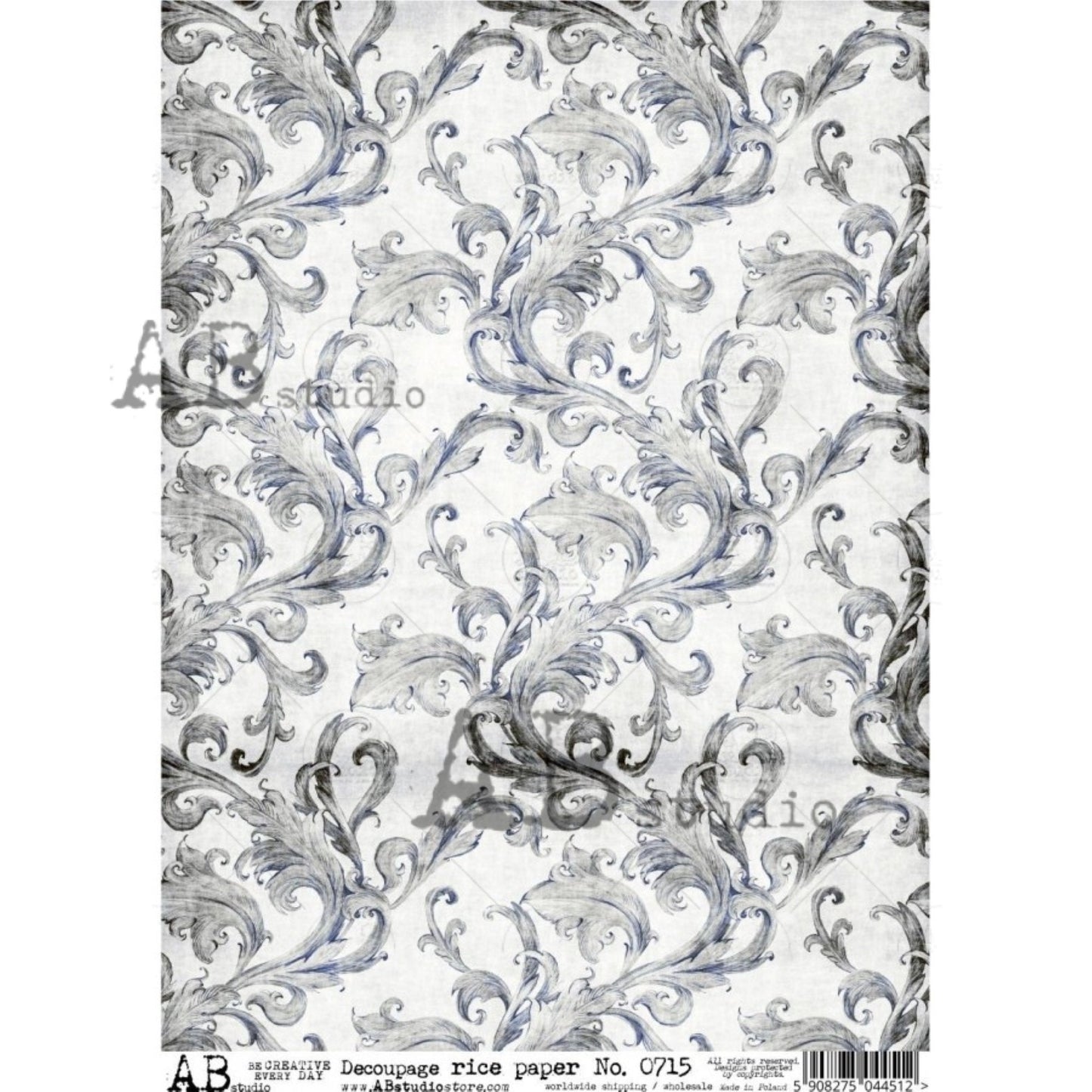 AB Studio Vintage, Shabby Chic, Blue, Flourishes, Background, #715, A4 - 8.27 X 11.69 inches Rice Paper for Decoupage Imported from Poland