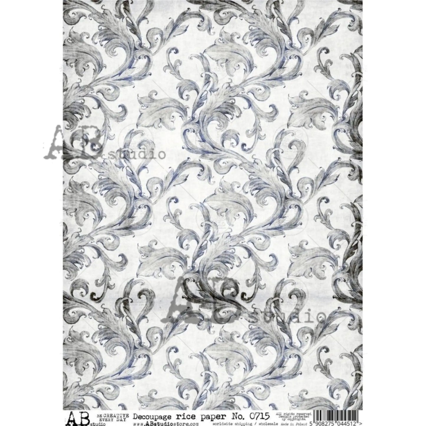 AB Studio Vintage, Shabby Chic, Blue, Flourishes, Background, #715, A4 - 8.27 X 11.69 inches Rice Paper for Decoupage Imported from Poland AB Studio