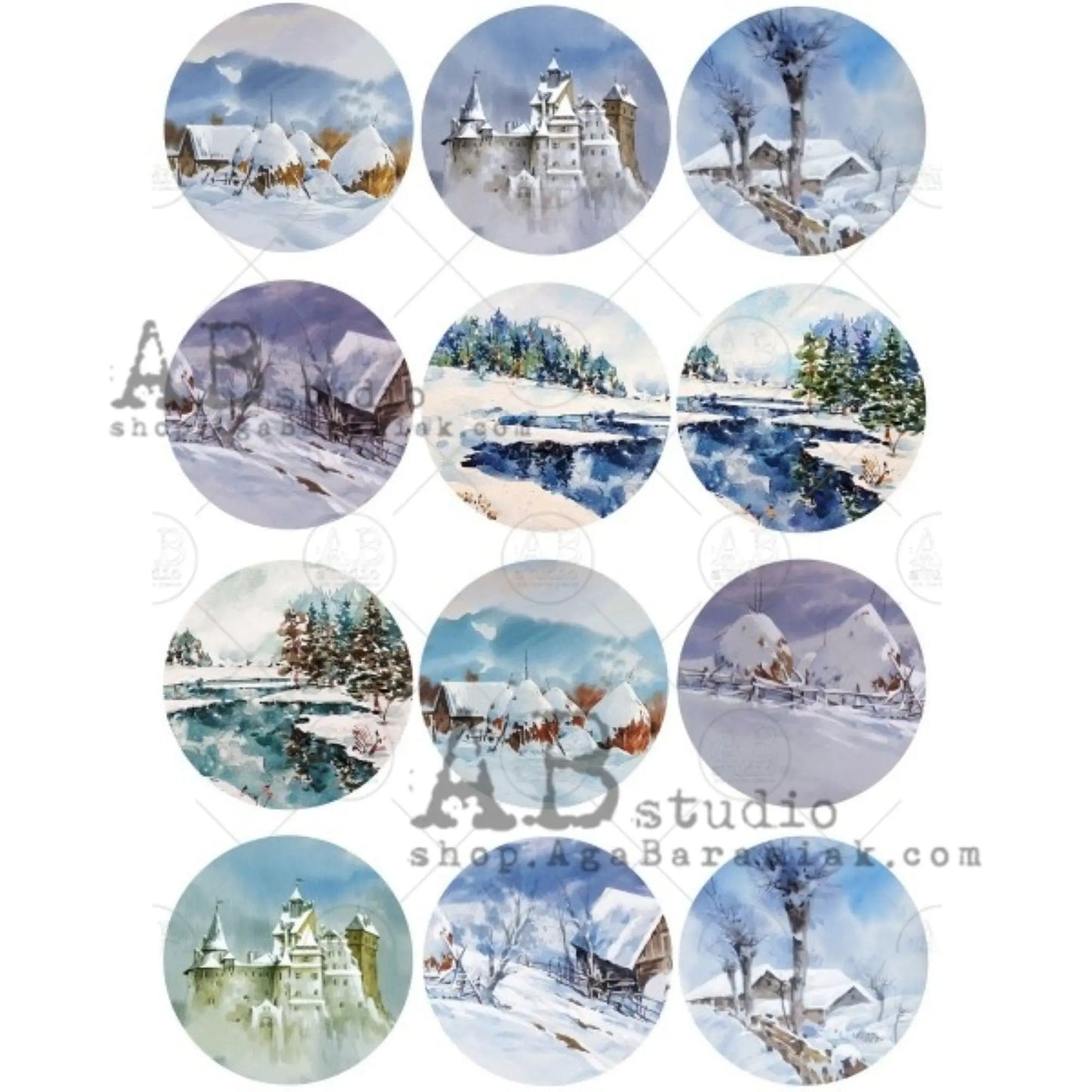 AB Studio Christmas Ornament Rounds, Landscape, Snow Scenes, #0439, A4 - 8.27 X 11.69 in Rice Paper for Decoupage Imported from Poland AB Studio