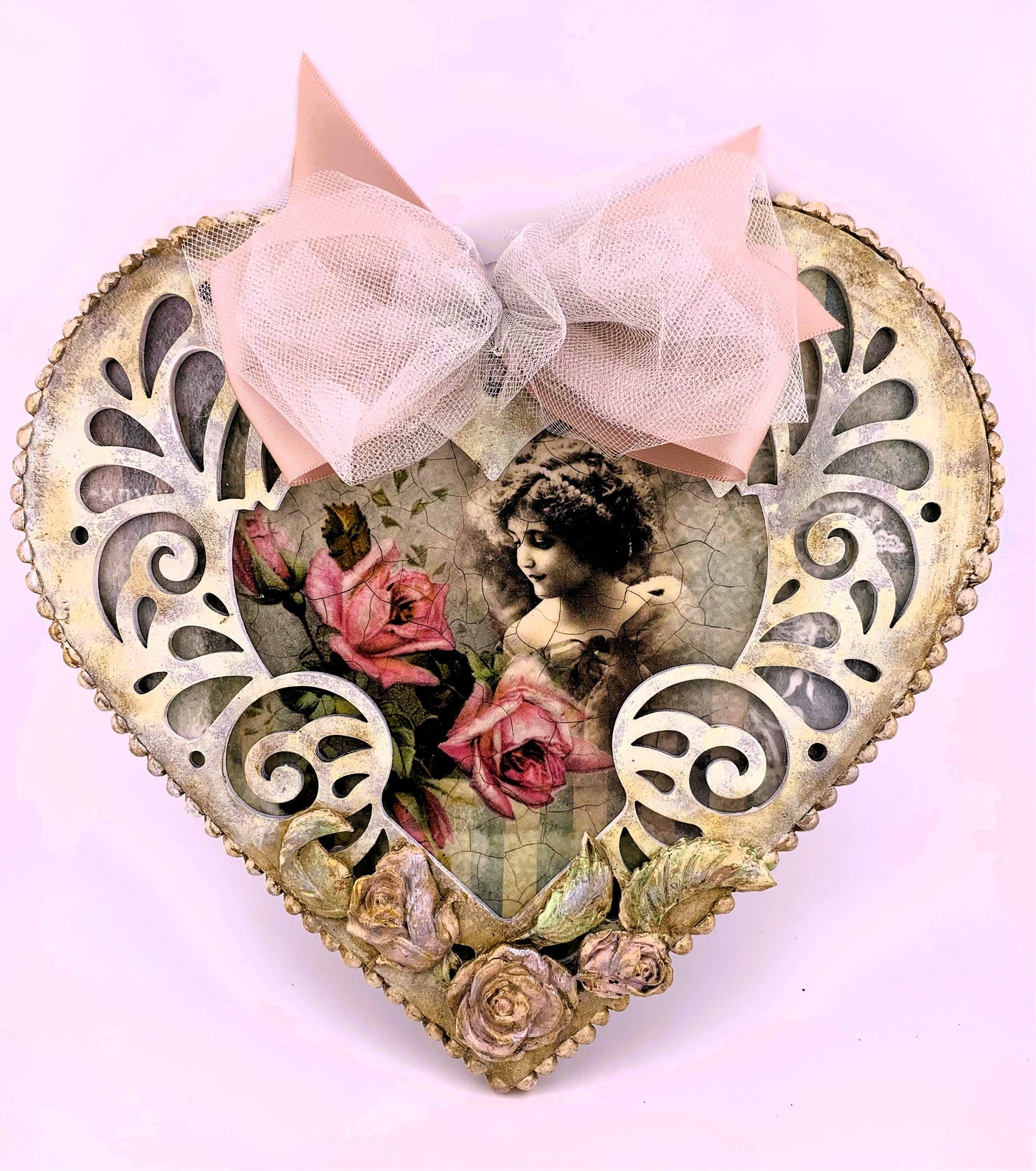 Handcrafted, Shabby Chic, Laser Cut MDF Heart Plaque, Vintage Girl, Roses, Decoupage, Mixed Media, Nostalgic Heart, Roses, Wall Decoration