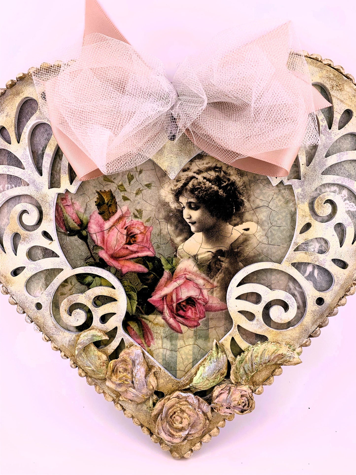 Handcrafted, Shabby Chic, Laser Cut MDF Heart Plaque, Vintage Girl, Roses, Decoupage, Mixed Media, Nostalgic Heart, Roses, Wall Decoration