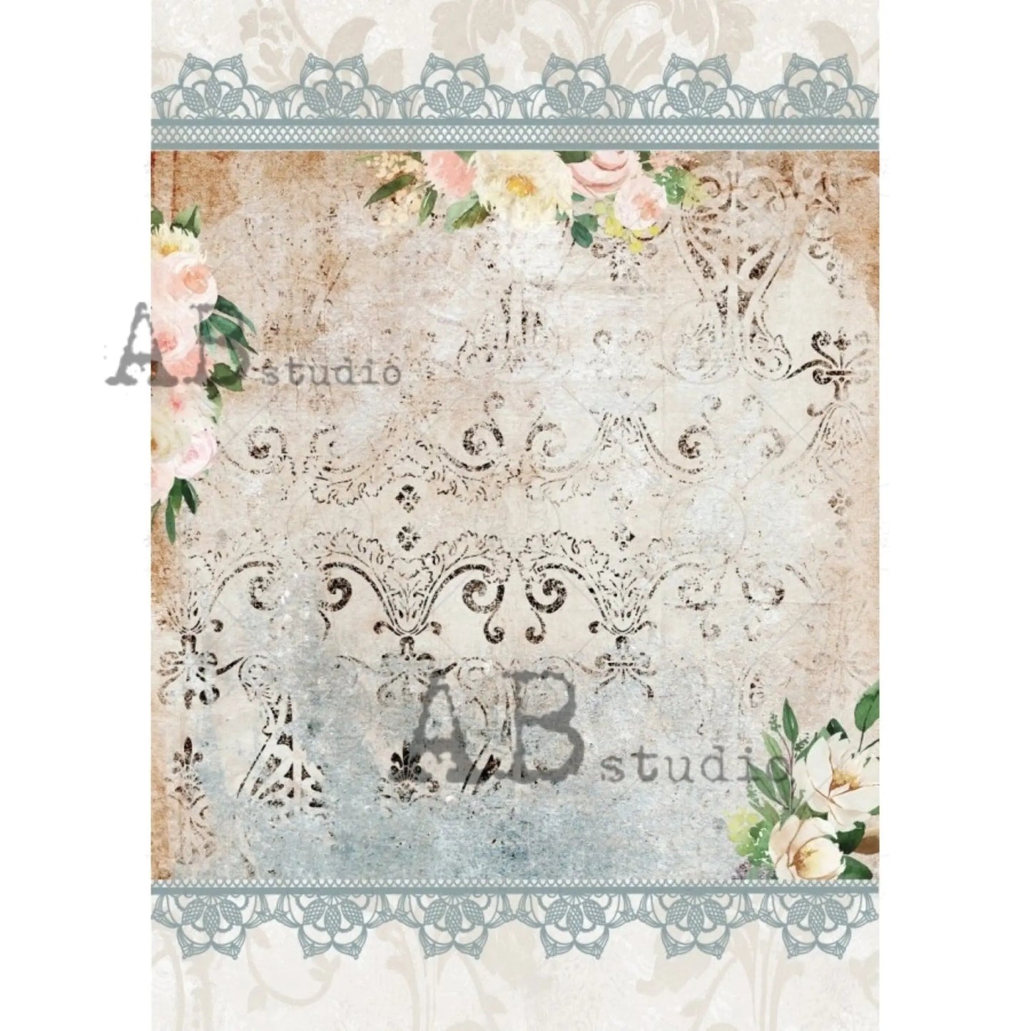 AB Studio, Rice Paper for Decoupage, Romantic Rice Paper, Vintage Style, Shabby Chic, Lace, Roses, Wallpaper, 1821, A4 - 8.27 X 11.69 AB Studio