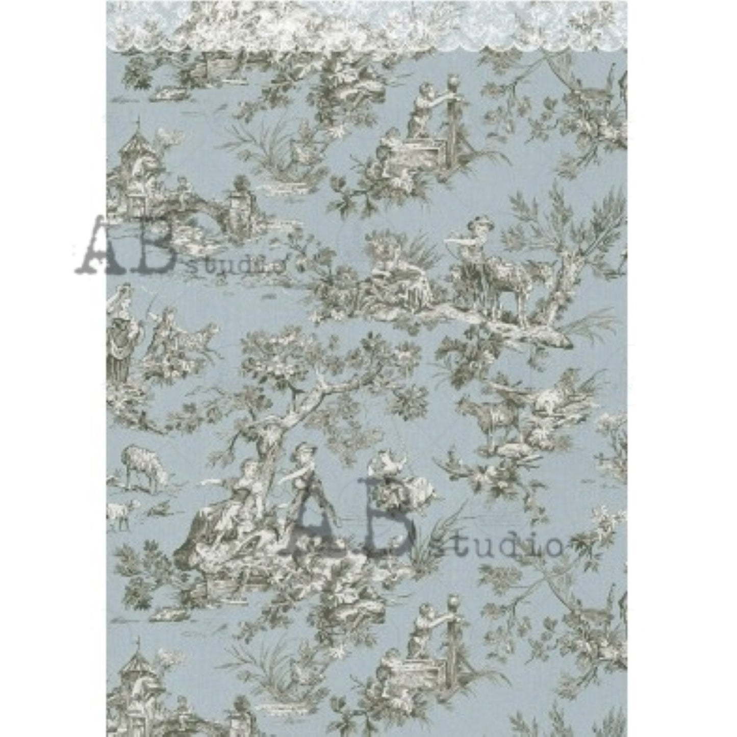 AB Studio, Rice Paper for Decoupage, Romantic Rice Paper, Vintage Style, Shabby Chic, Blue, White, Wallpaper, 1811, A4 - 8.27 X 11.69