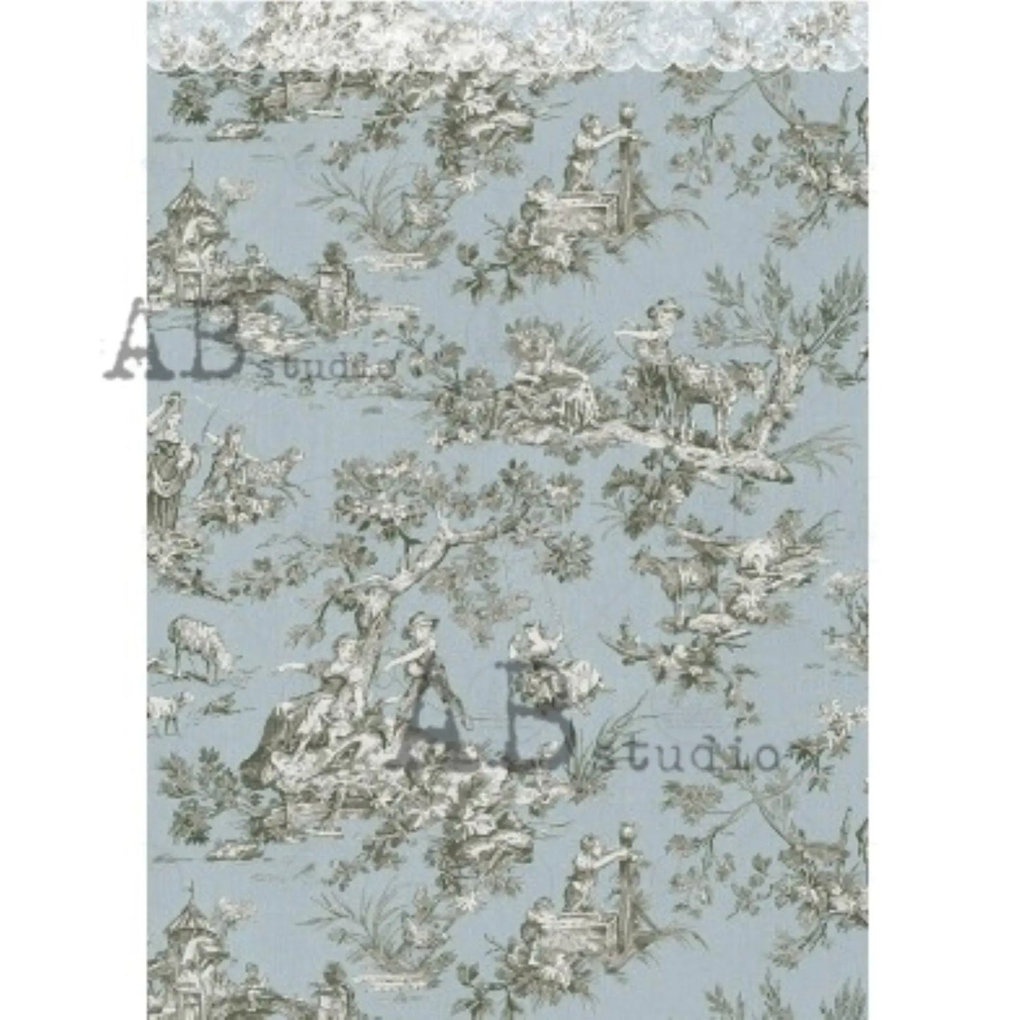 AB Studio, Rice Paper for Decoupage, Romantic Rice Paper, Vintage Style, Shabby Chic, Blue, White, Wallpaper, 1811, A4 - 8.27 X 11.69 AB Studio