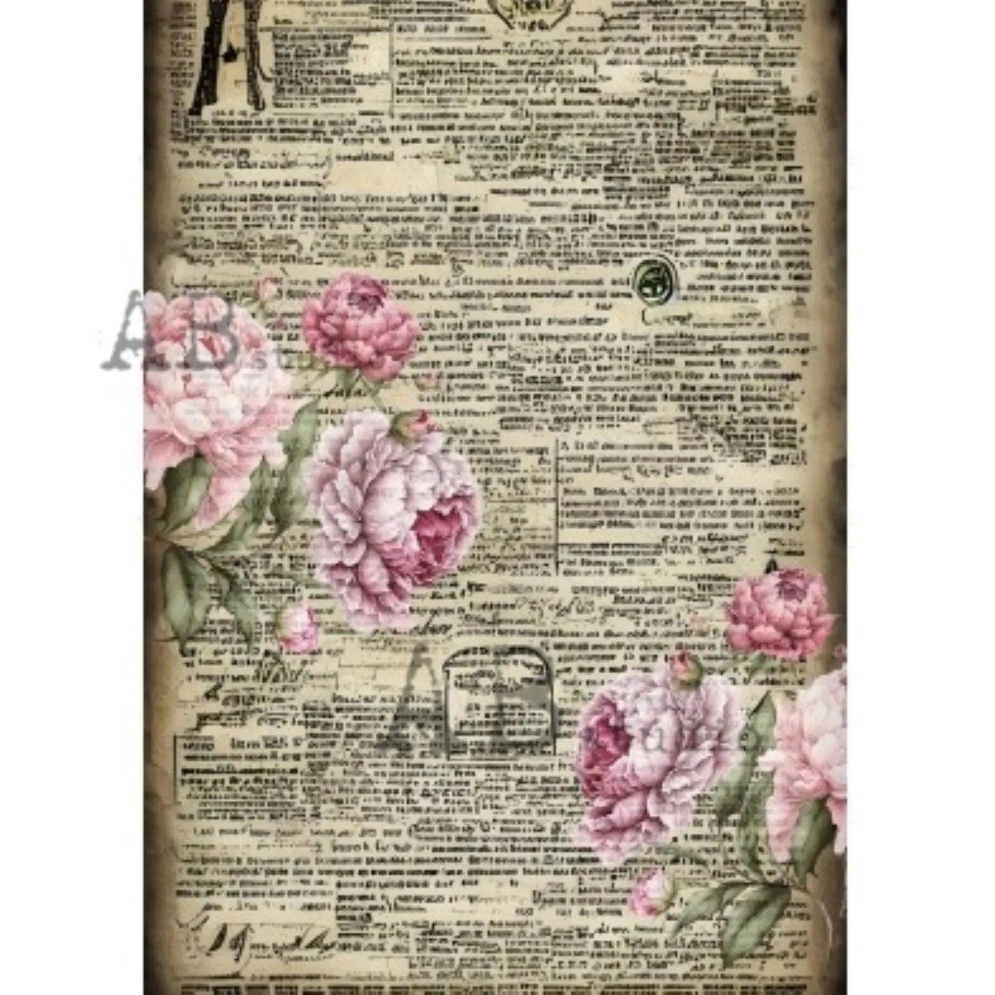 AB Studio, Rice Paper for Decoupage, Romantic, Roses, Shabby Chic, Vintage, Newsprint, Wallpaper, 1804, A4 8.27 X 11.69 Imported from Poland AB Studio